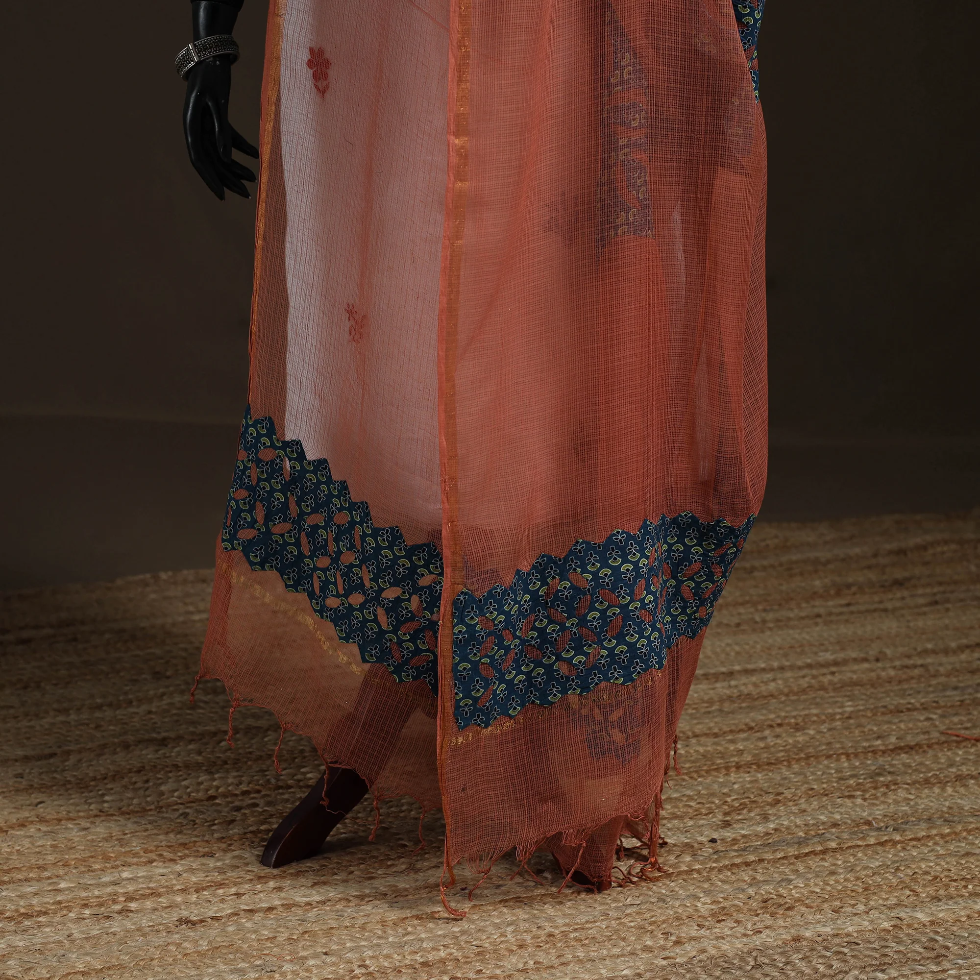 Orange - Kota Doria Cotton Barmer Applique Work Dupatta with Zari Border 12 - Image 4