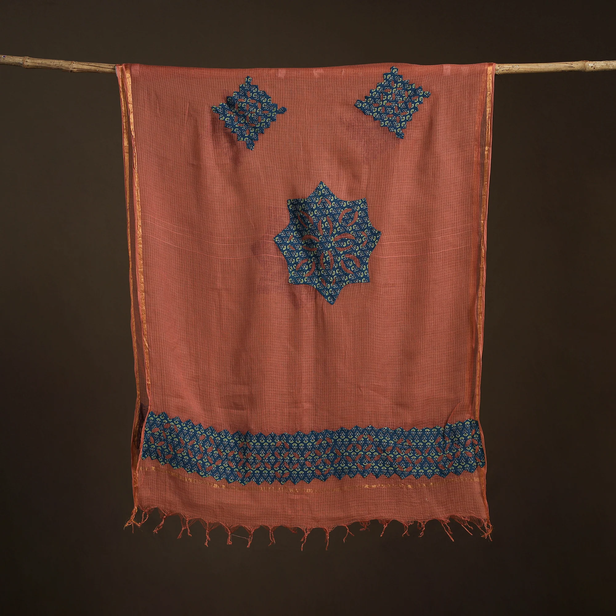 Orange - Kota Doria Cotton Barmer Applique Work Dupatta with Zari Border 12 - Image 5