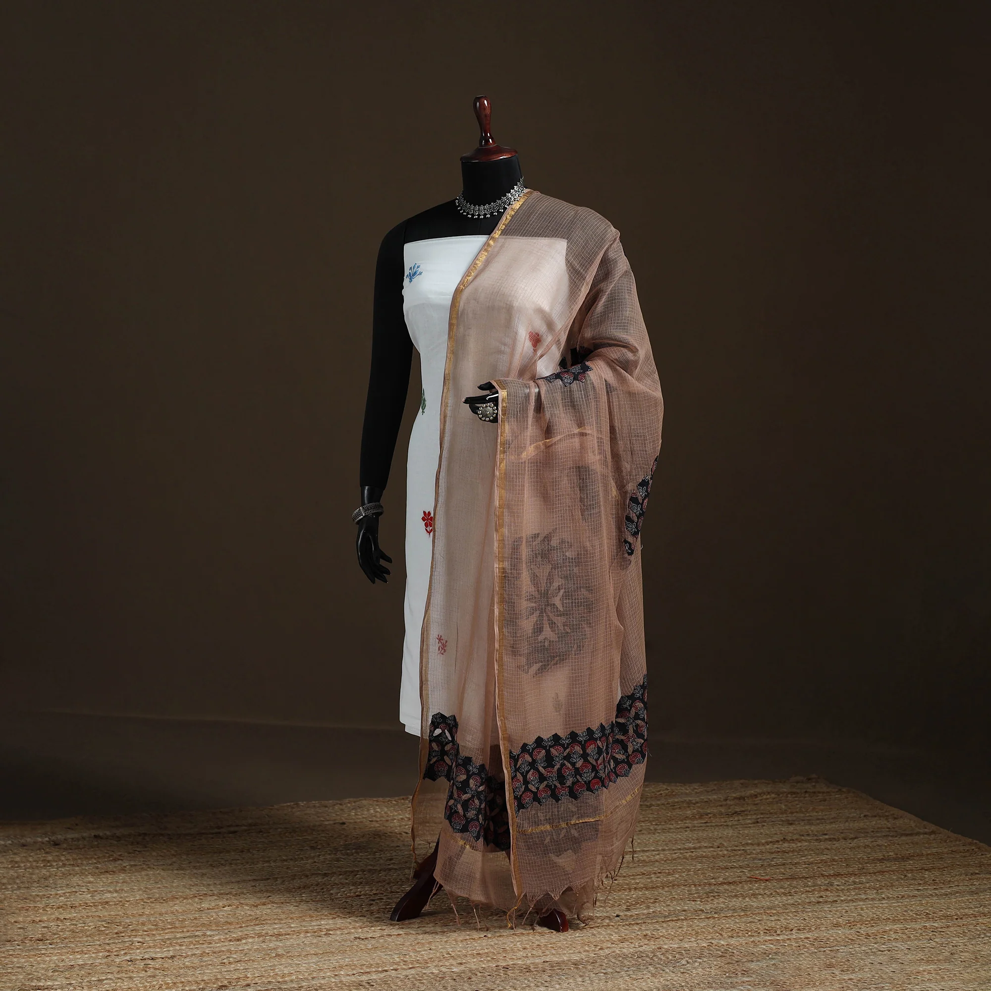 Brown - Kota Doria Cotton Barmer Applique Work Dupatta with Zari Border 13