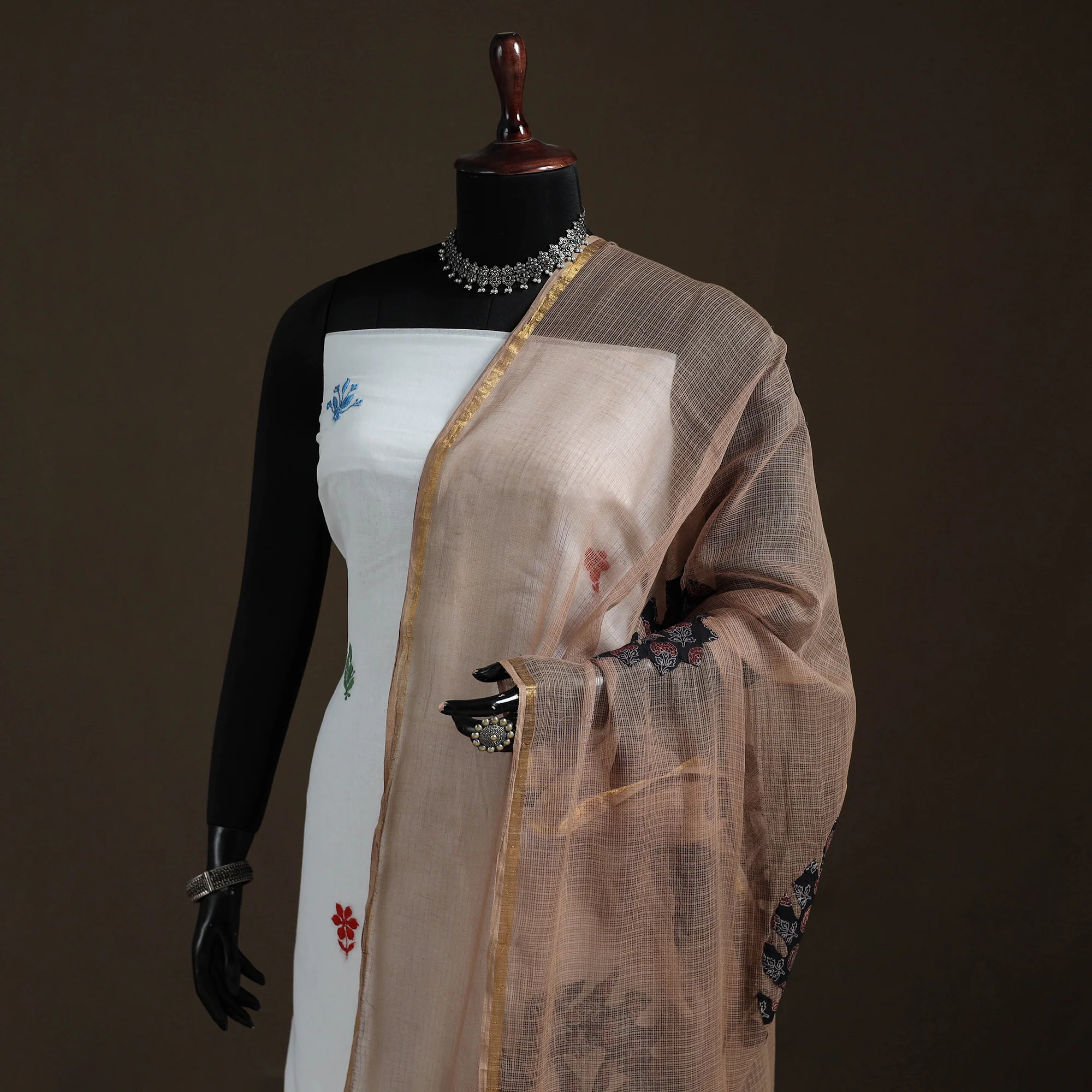 Brown - Kota Doria Cotton Barmer Applique Work Dupatta with Zari Border 13 - Image 2