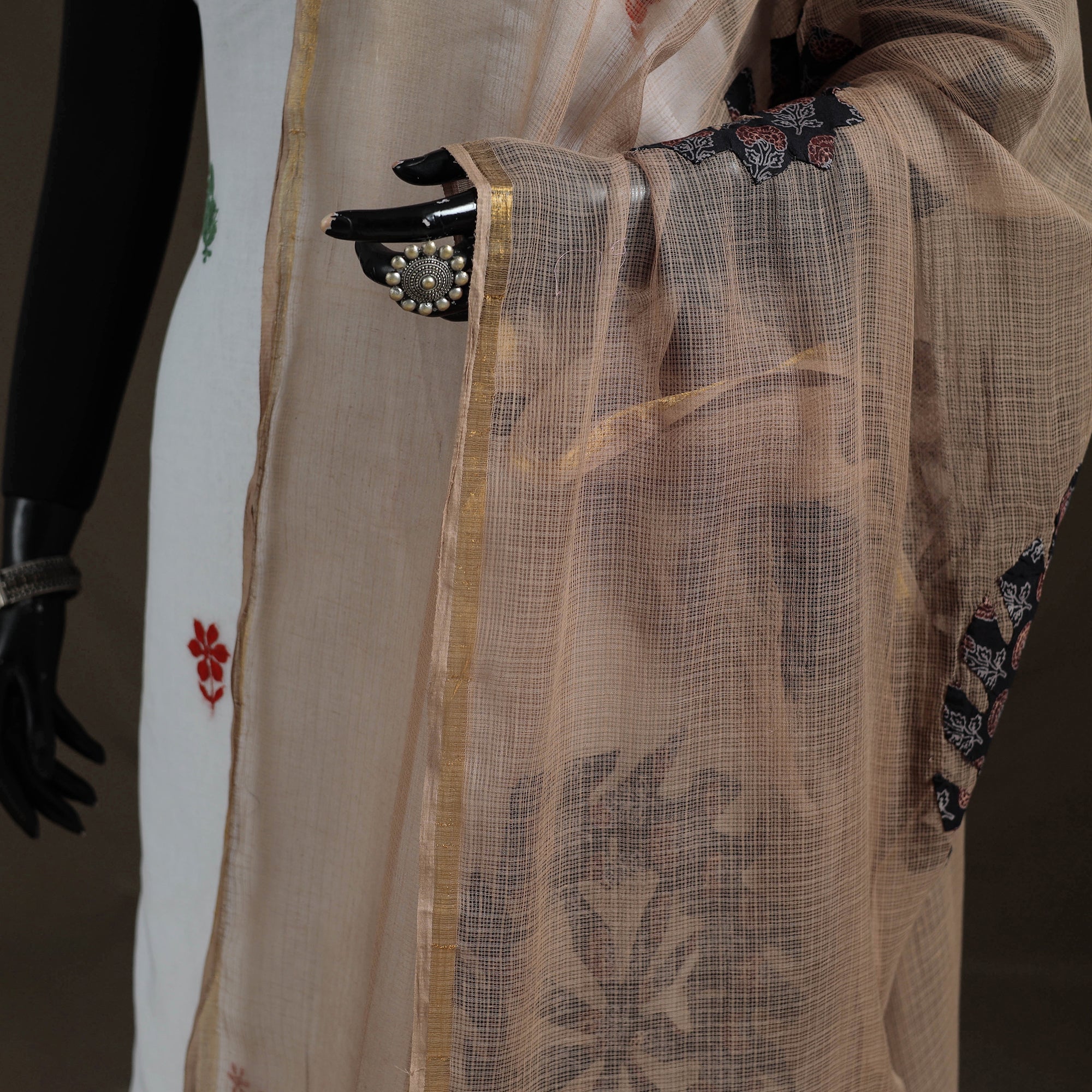 Brown - Kota Doria Cotton Barmer Applique Work Dupatta with Zari Border 13 - Image 3