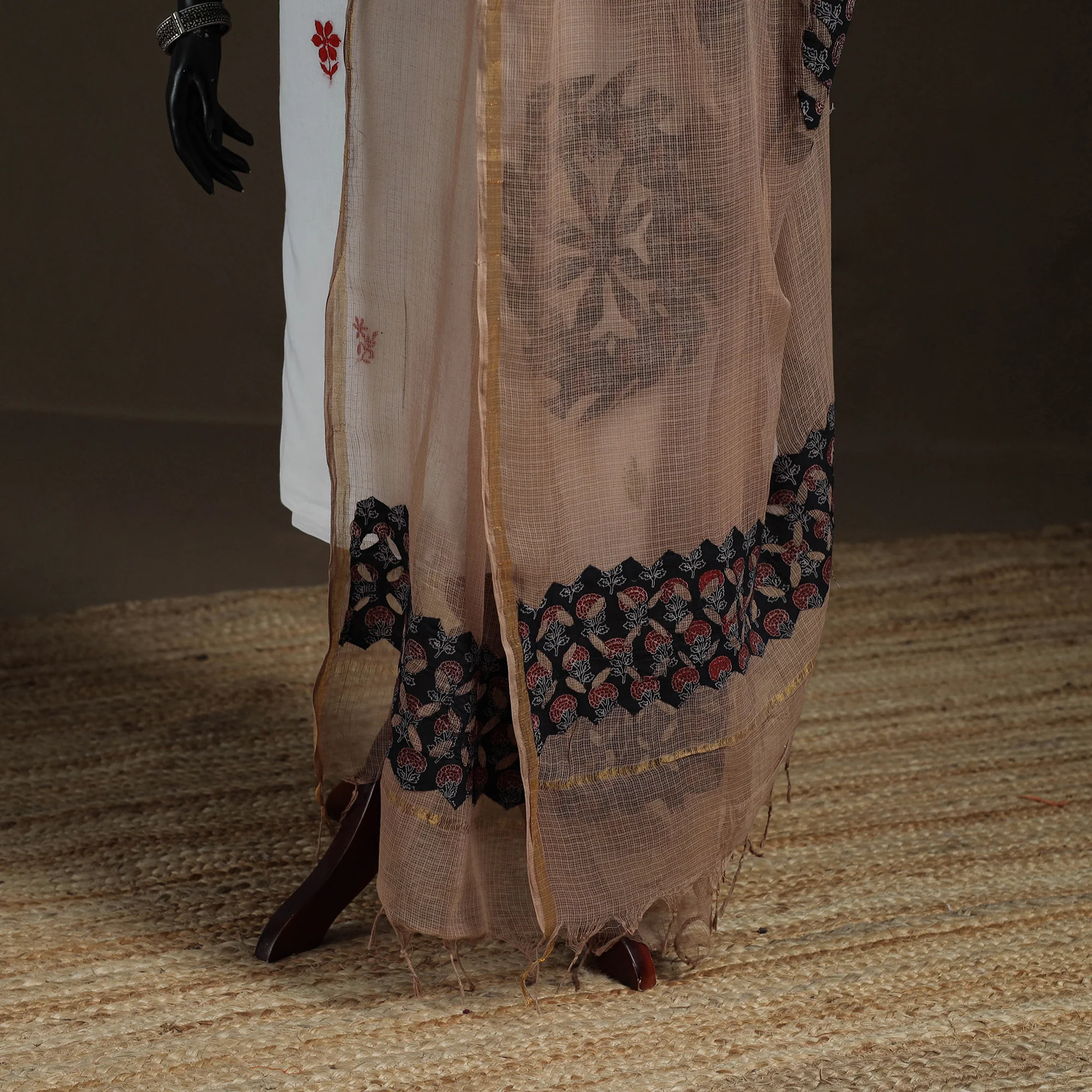 Brown - Kota Doria Cotton Barmer Applique Work Dupatta with Zari Border 13 - Image 4