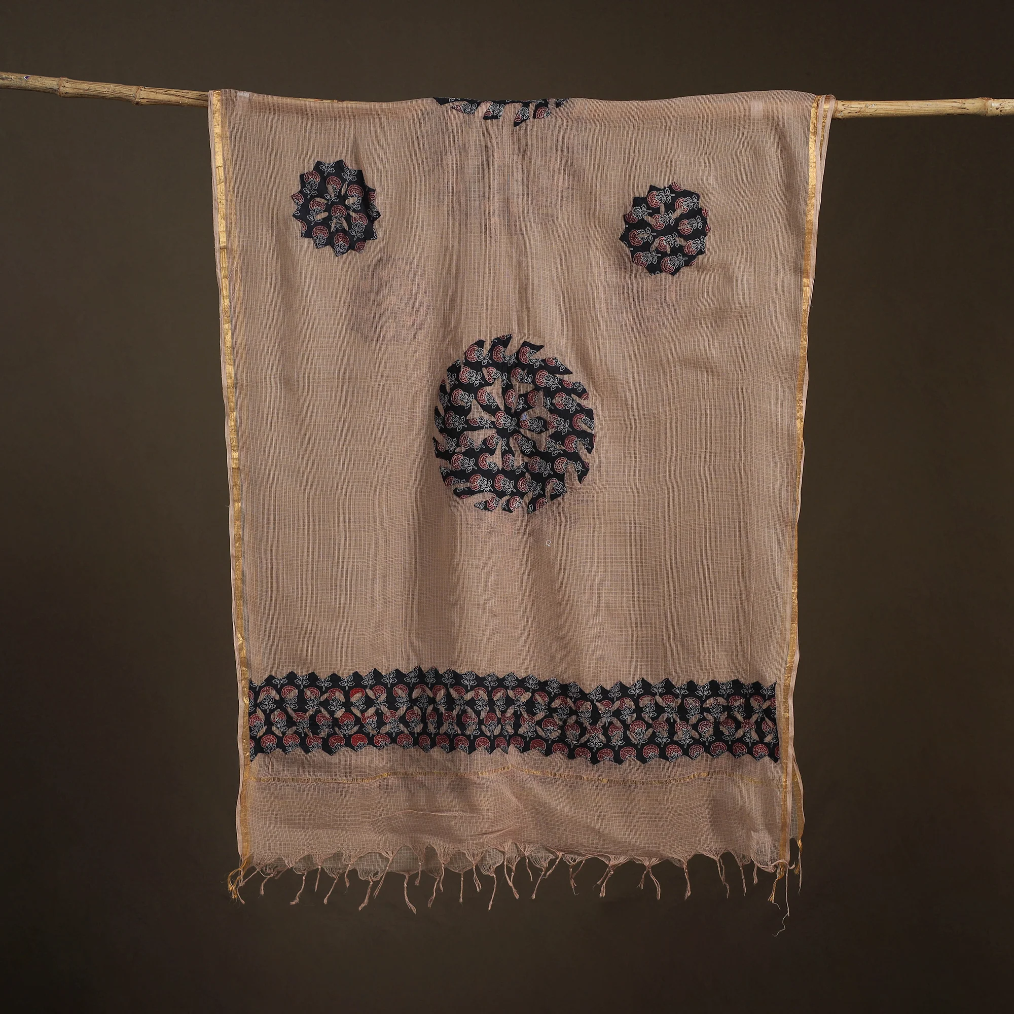 Brown - Kota Doria Cotton Barmer Applique Work Dupatta with Zari Border 13 - Image 5