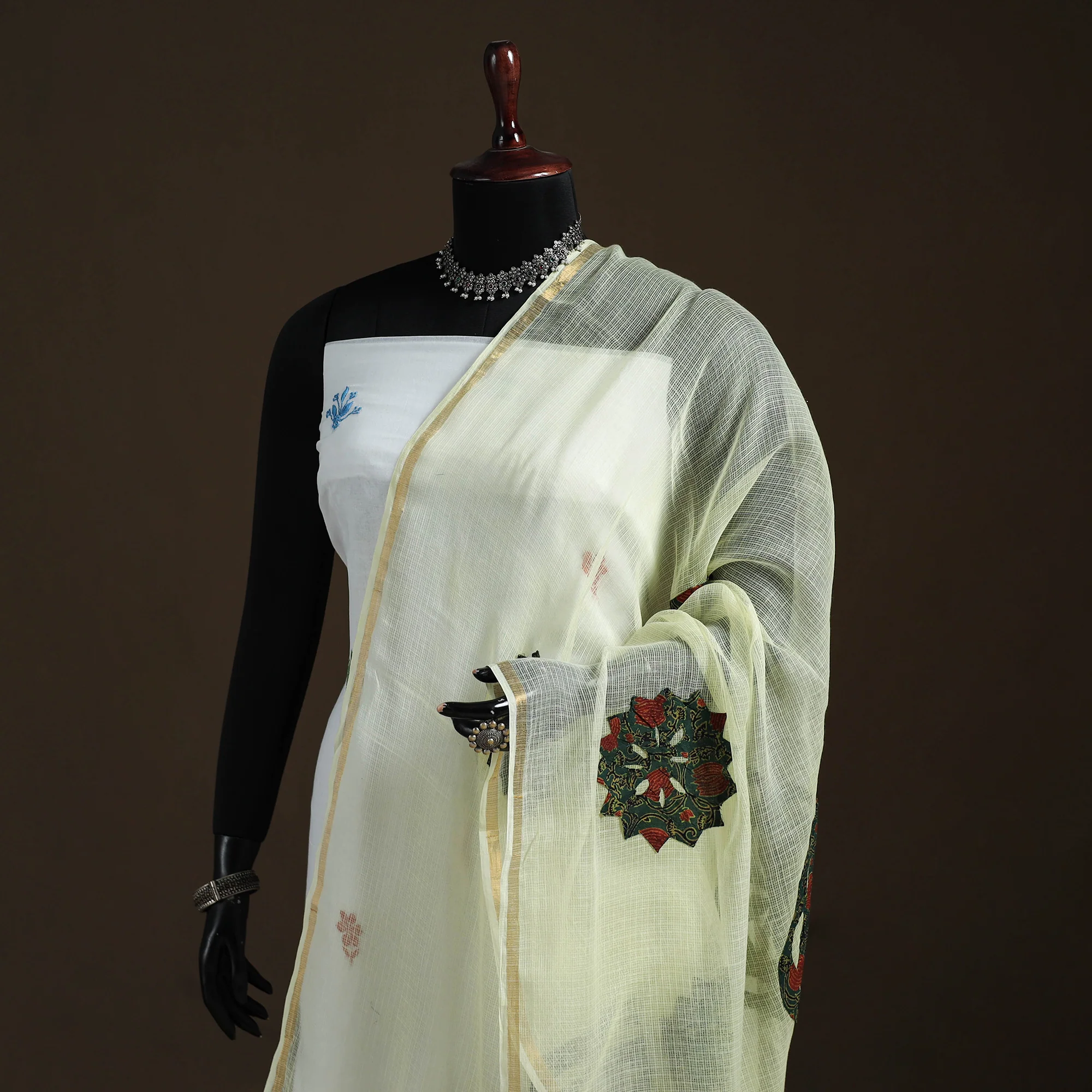 Yellow - Kota Doria Cotton Barmer Applique Work Dupatta with Zari Border 14 - Image 2
