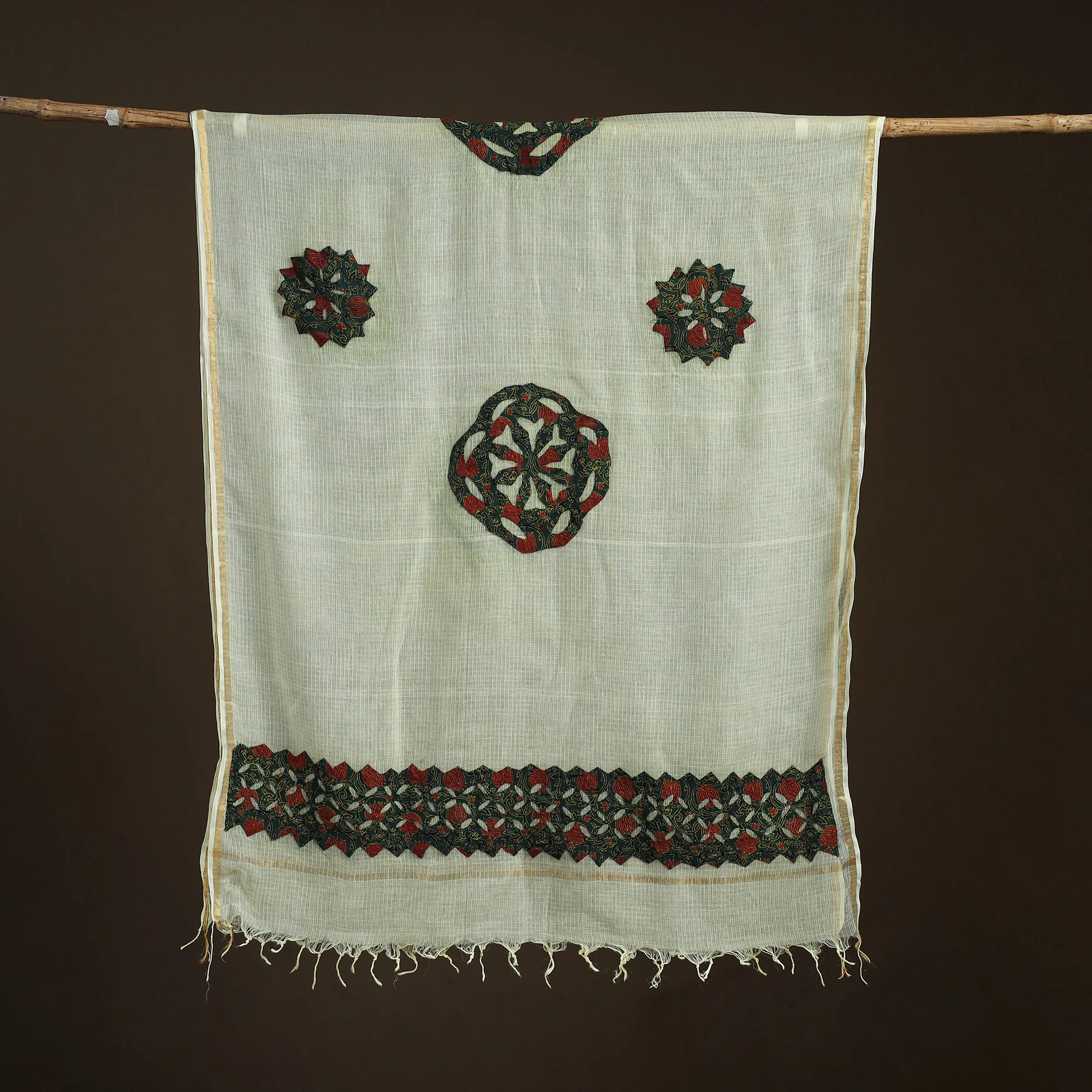 Yellow - Kota Doria Cotton Barmer Applique Work Dupatta with Zari Border 14 - Image 5