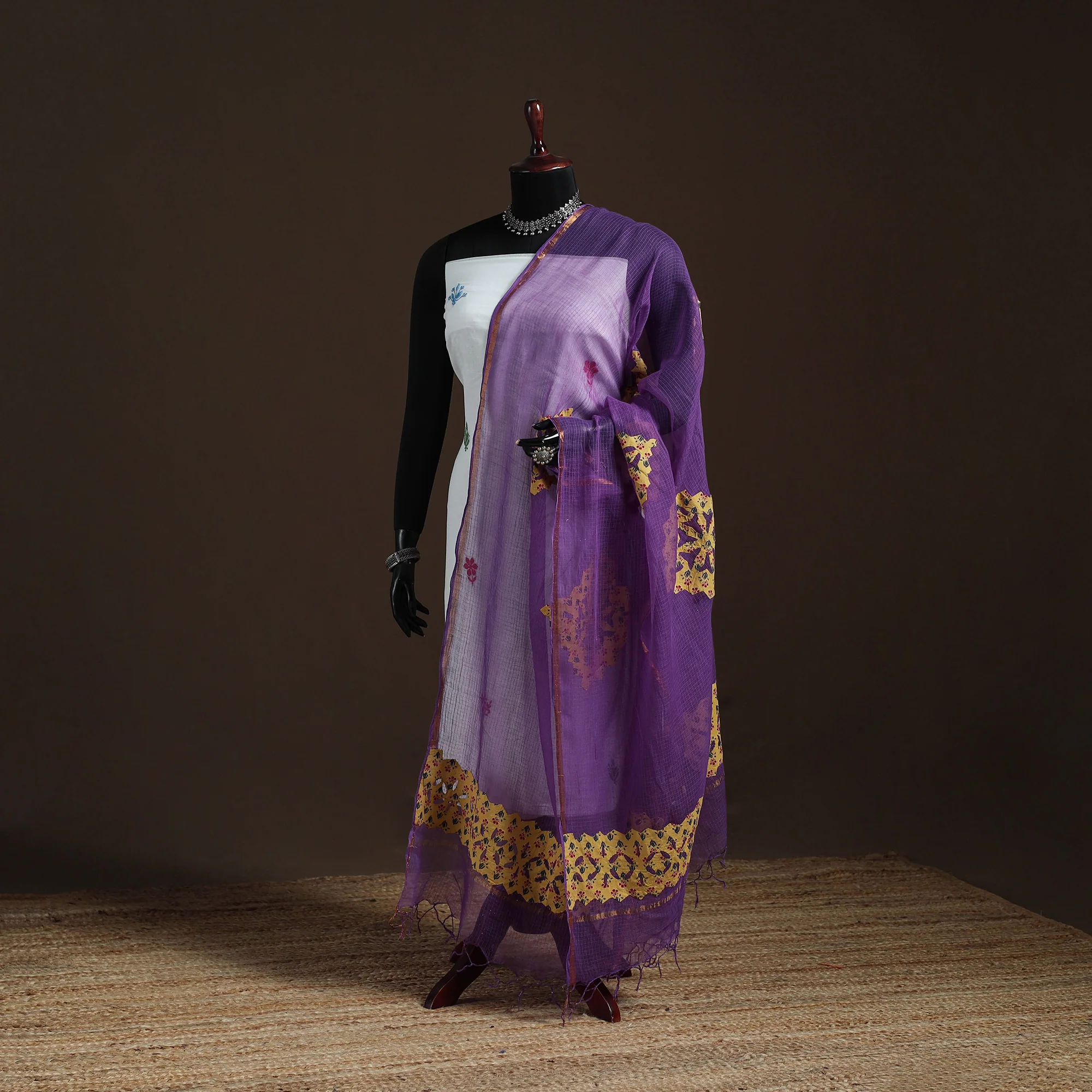 Purple - Kota Doria Cotton Barmer Applique Work Dupatta with Zari Border 17