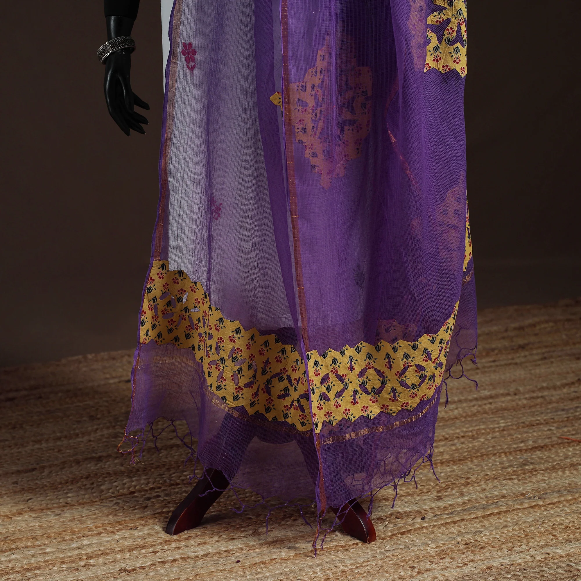 Purple - Kota Doria Cotton Barmer Applique Work Dupatta with Zari Border 17 - Image 4