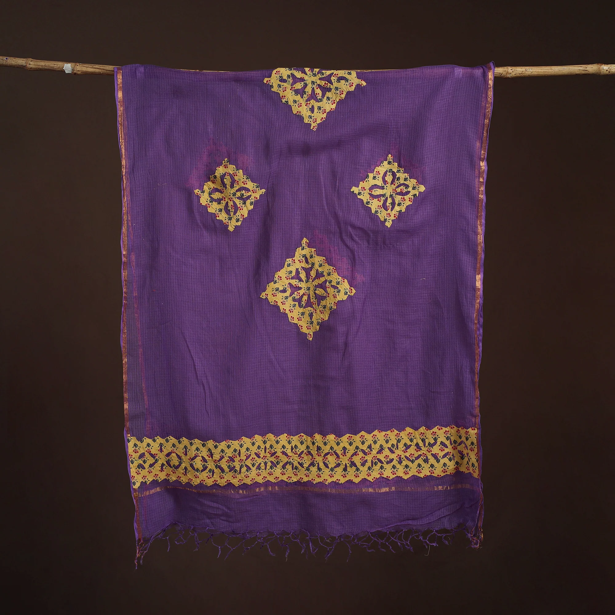 Purple - Kota Doria Cotton Barmer Applique Work Dupatta with Zari Border 17 - Image 5