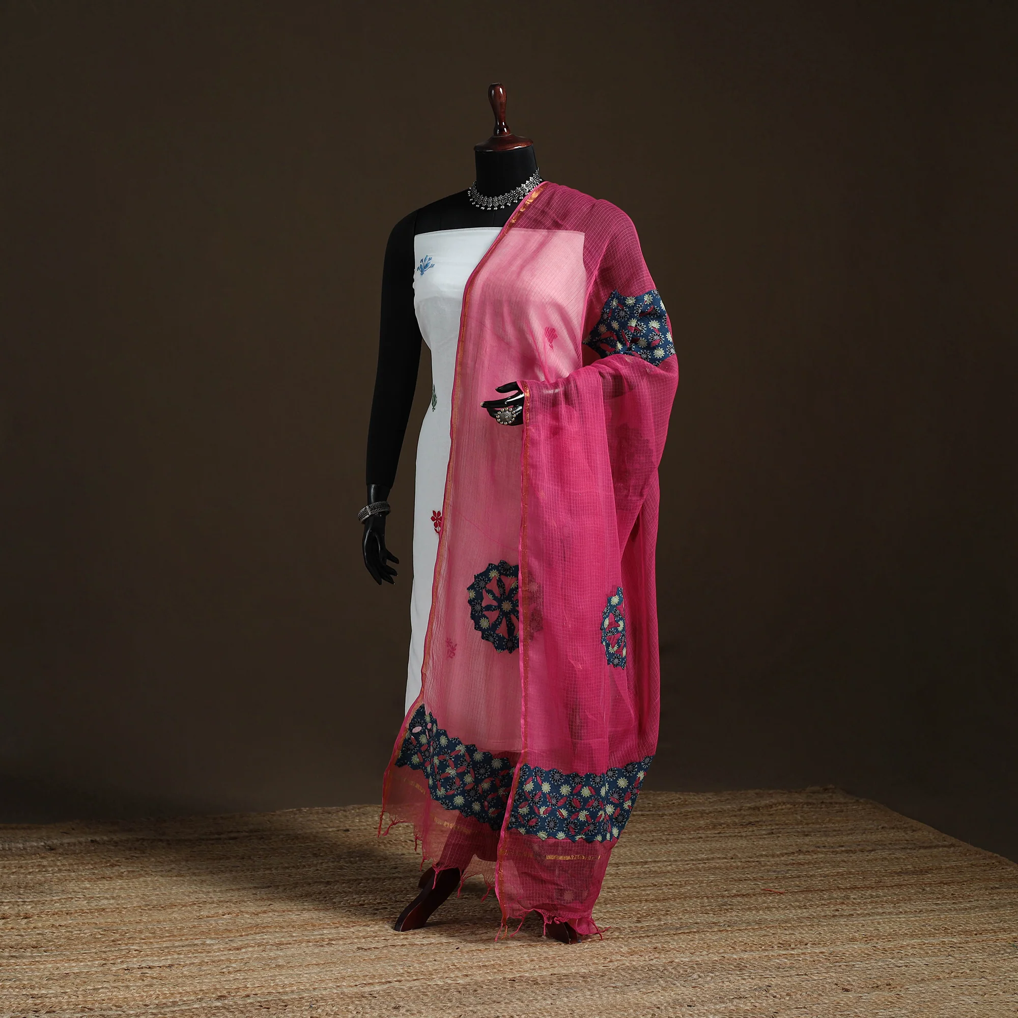 Pink - Kota Doria Cotton Barmer Applique Work Dupatta with Zari Border 18