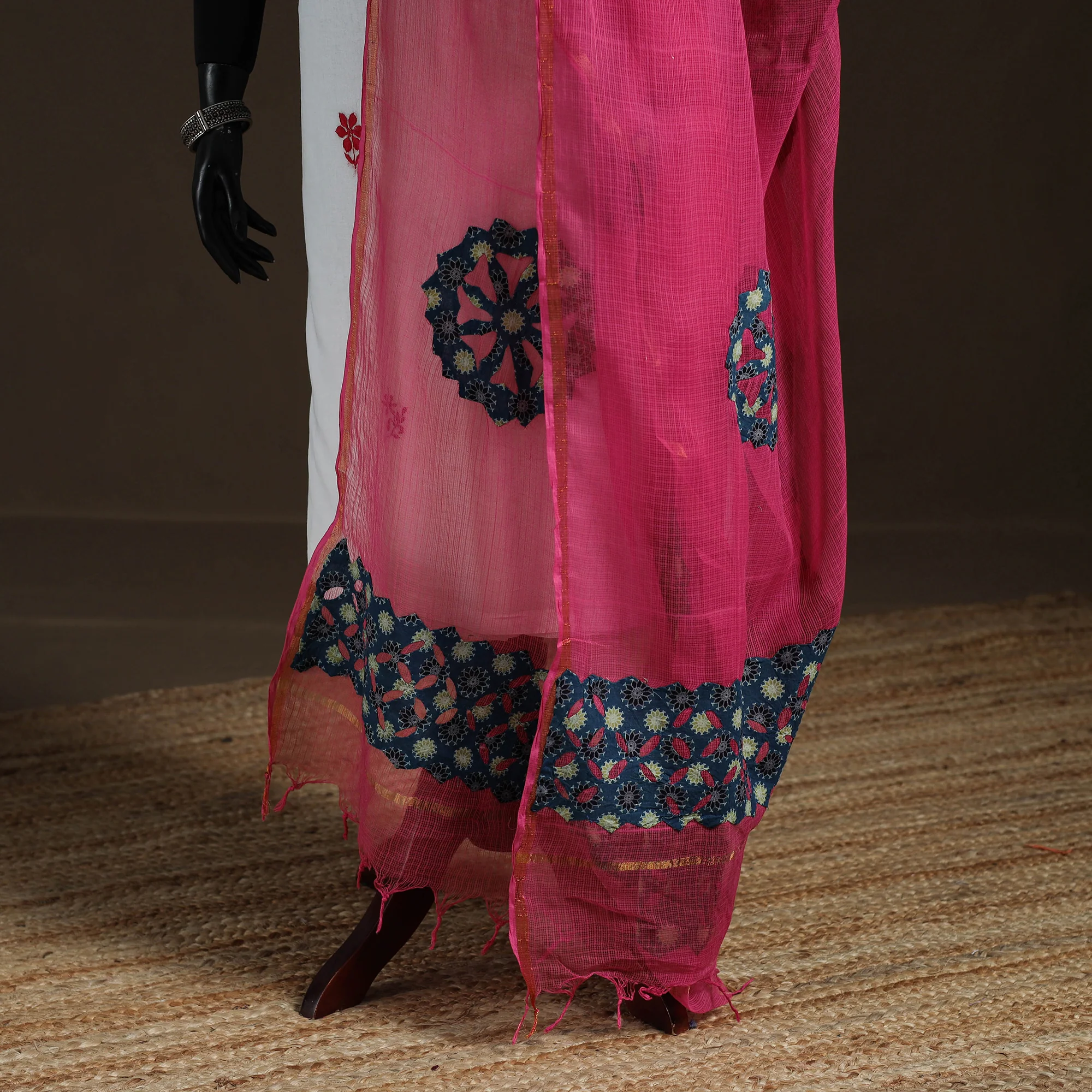 Pink - Kota Doria Cotton Barmer Applique Work Dupatta with Zari Border 18 - Image 4