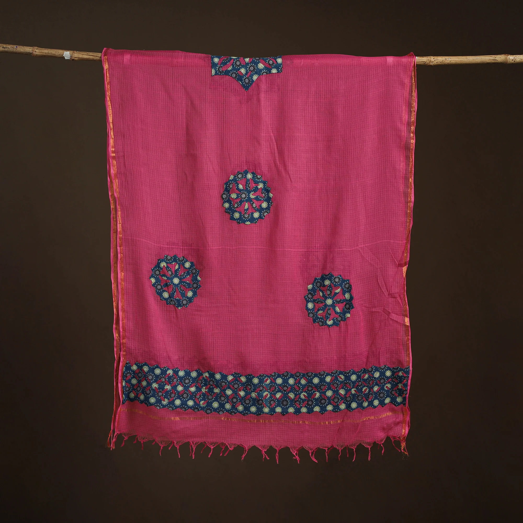 Pink - Kota Doria Cotton Barmer Applique Work Dupatta with Zari Border 18 - Image 5