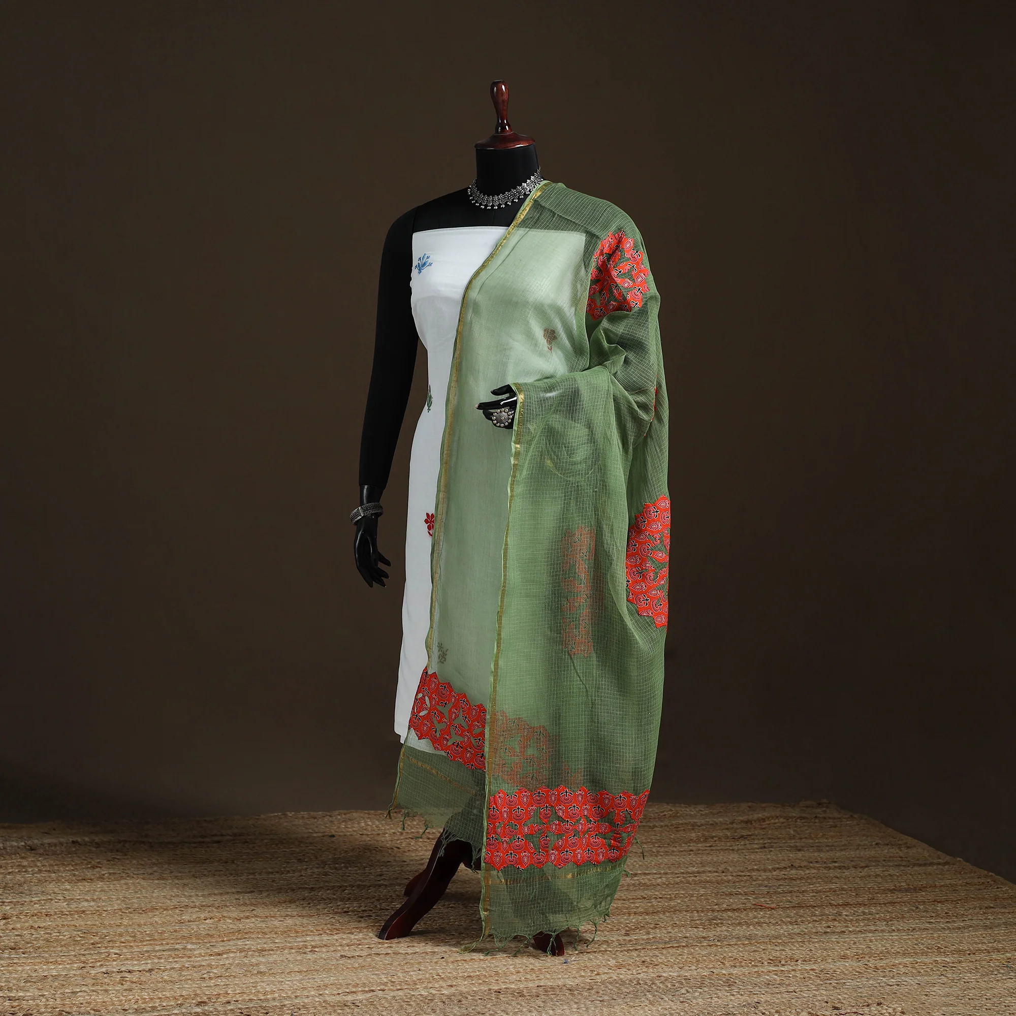Green - Kota Doria Cotton Barmer Applique Work Dupatta with Zari Border 19