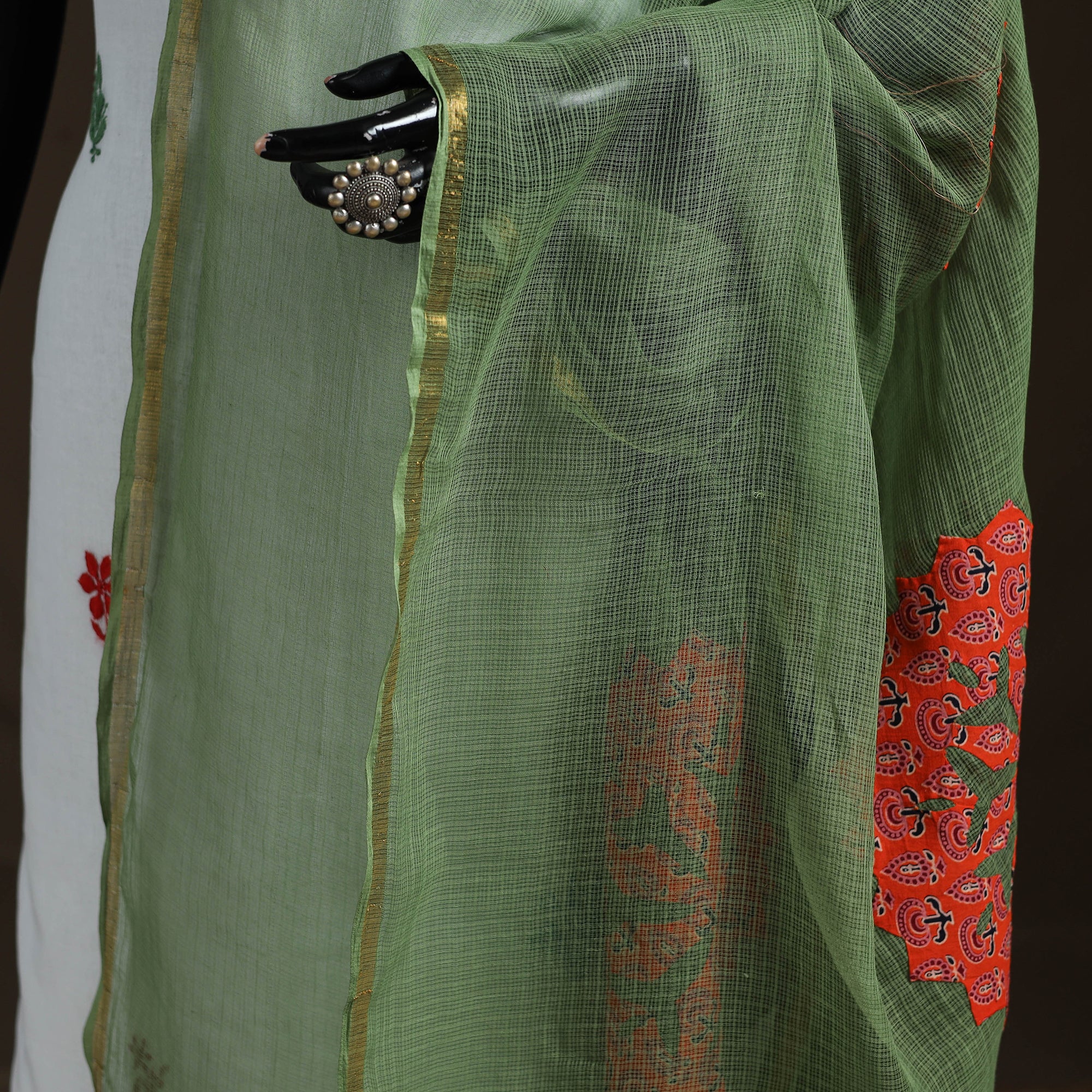 Green - Kota Doria Cotton Barmer Applique Work Dupatta with Zari Border 19 - Image 3