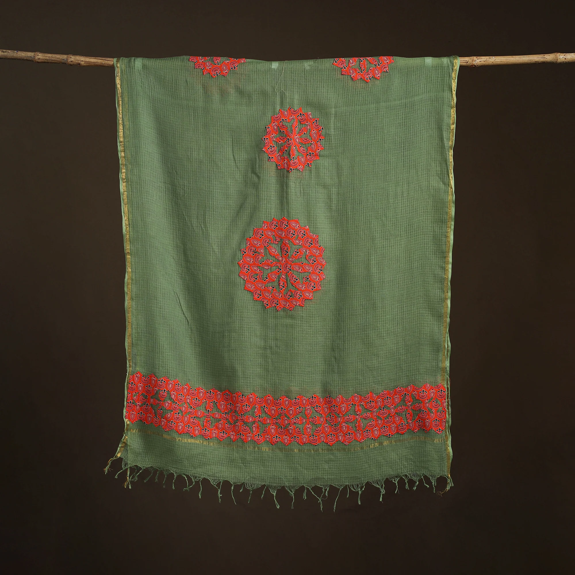 Green - Kota Doria Cotton Barmer Applique Work Dupatta with Zari Border 19 - Image 5
