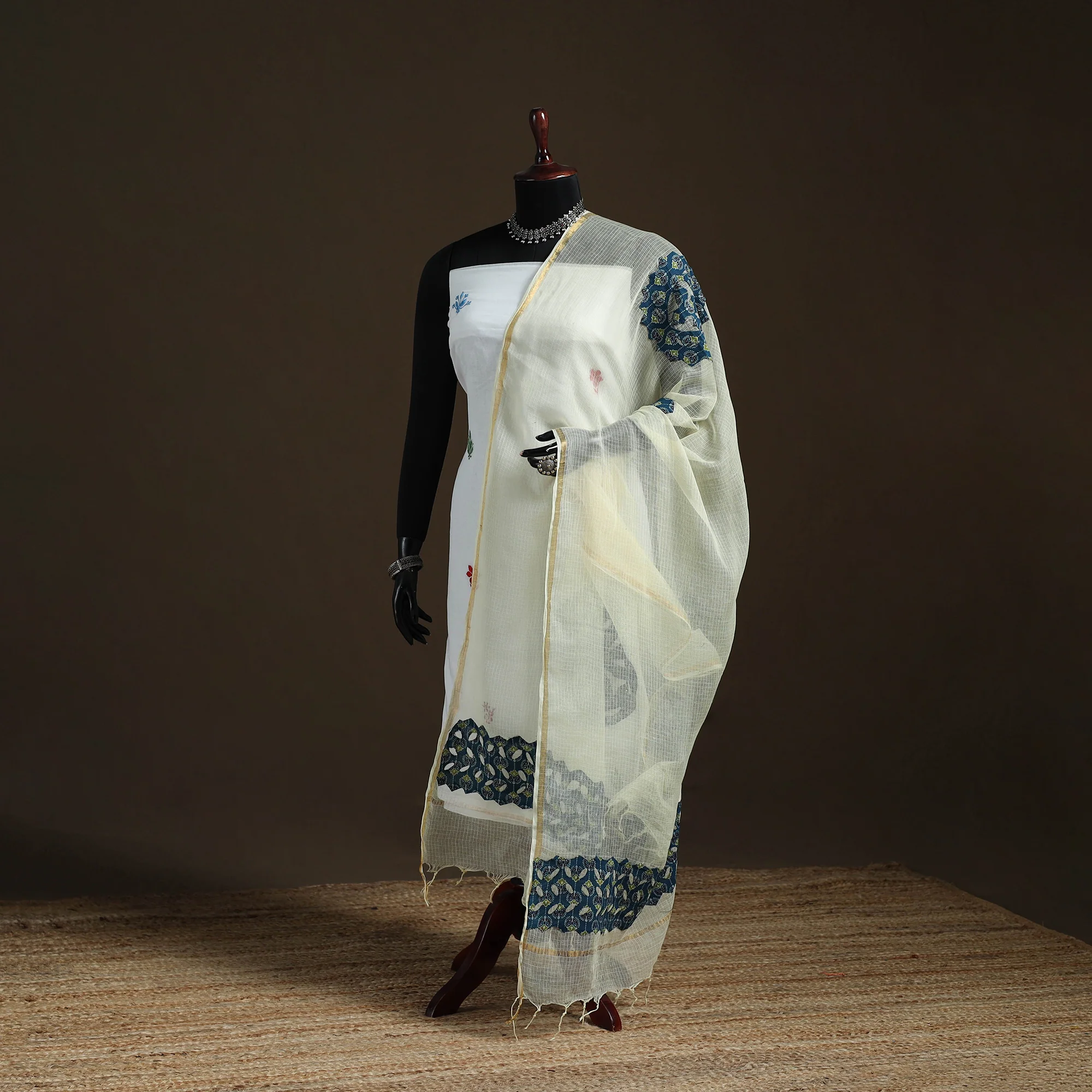 Yellow - Kota Doria Cotton Barmer Applique Work Dupatta with Zari Border 22