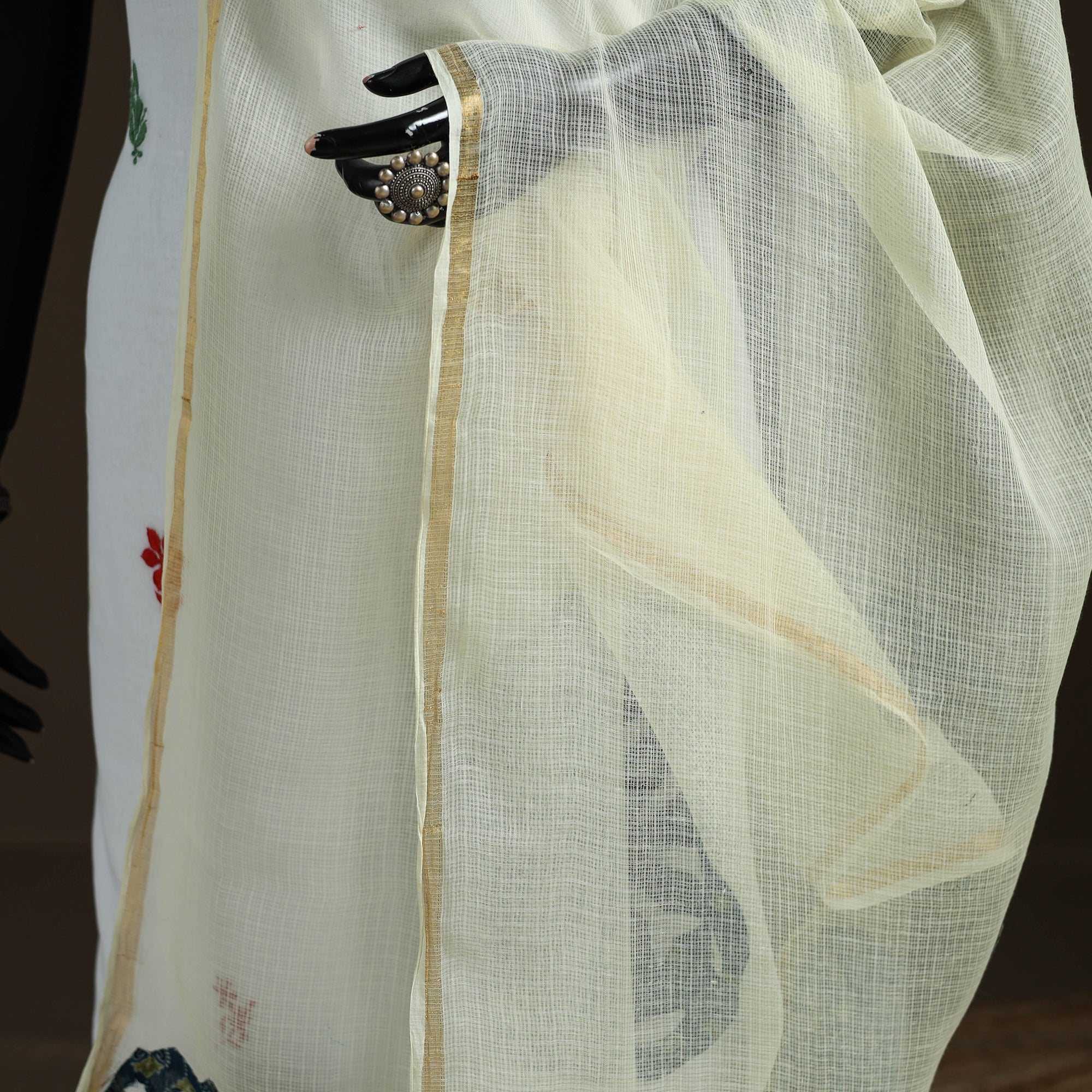 Yellow - Kota Doria Cotton Barmer Applique Work Dupatta with Zari Border 22 - Image 3