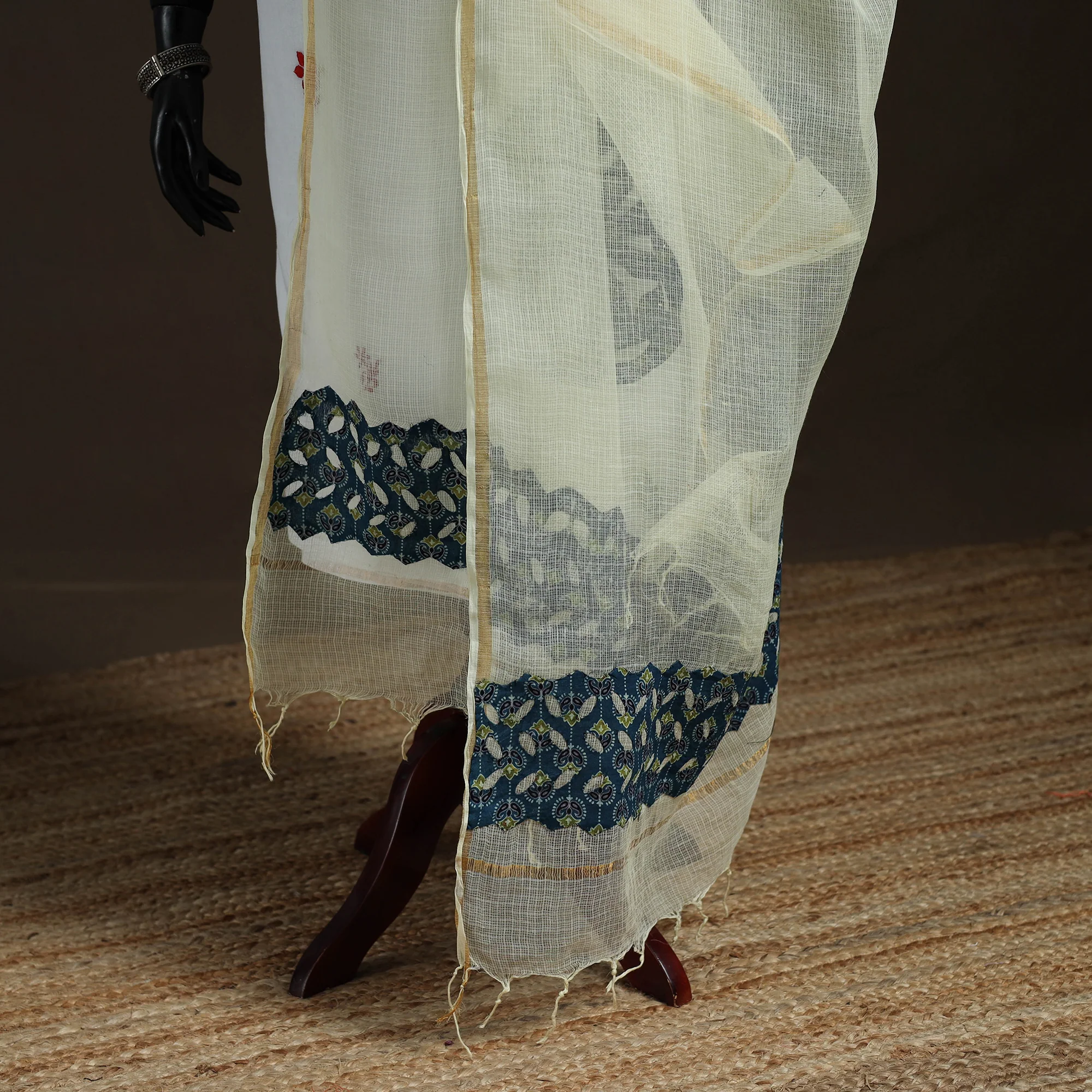 Yellow - Kota Doria Cotton Barmer Applique Work Dupatta with Zari Border 22 - Image 4