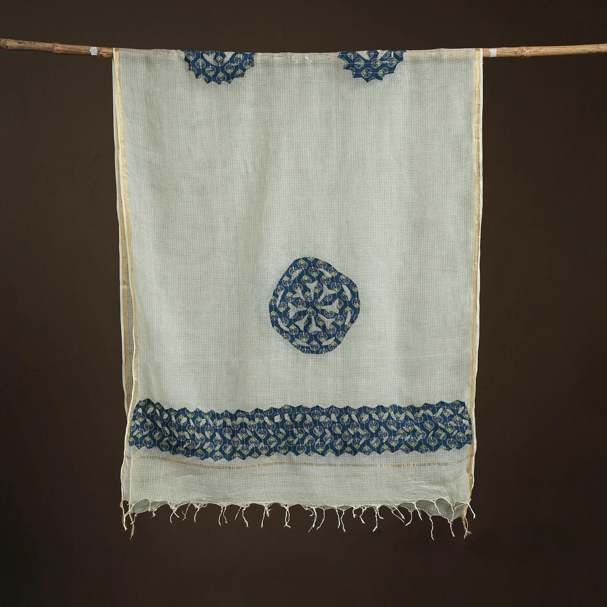 Yellow - Kota Doria Cotton Barmer Applique Work Dupatta with Zari Border 22 - Image 5