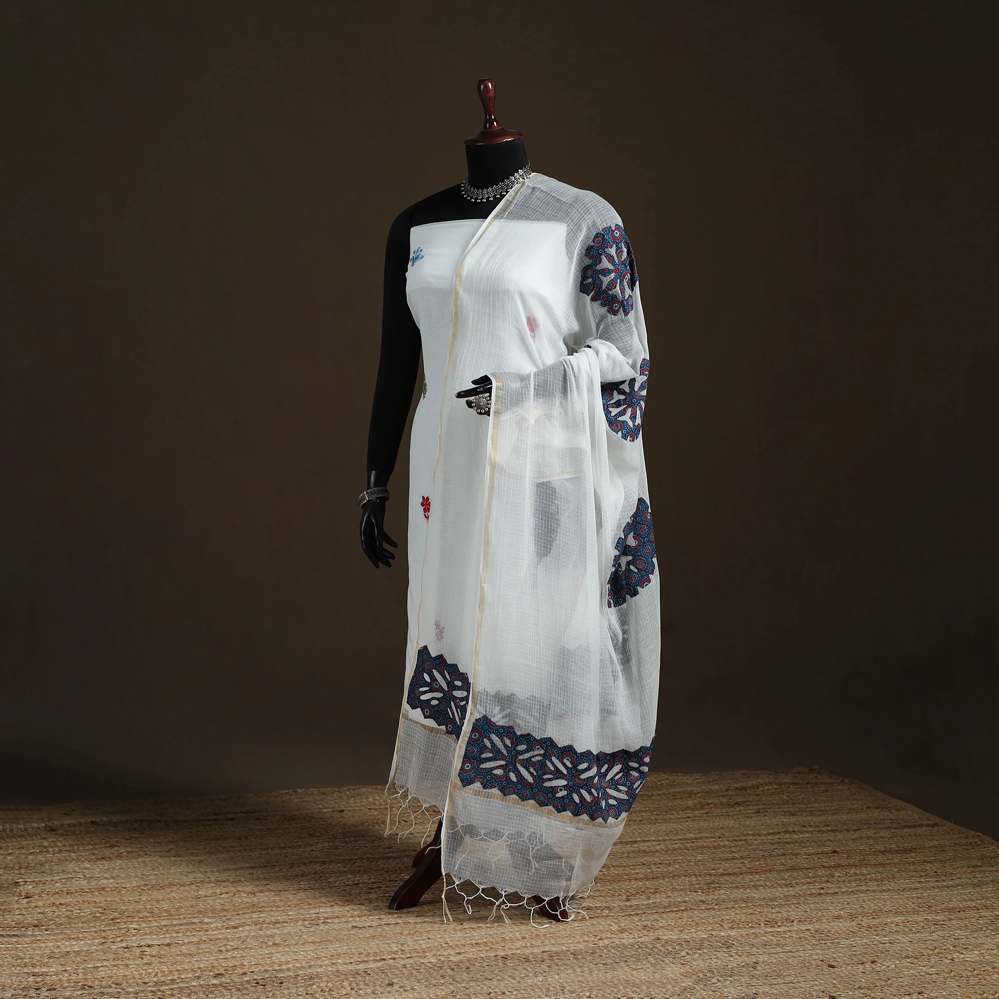 White - Kota Doria Cotton Barmer Applique Work Dupatta with Zari Border 23