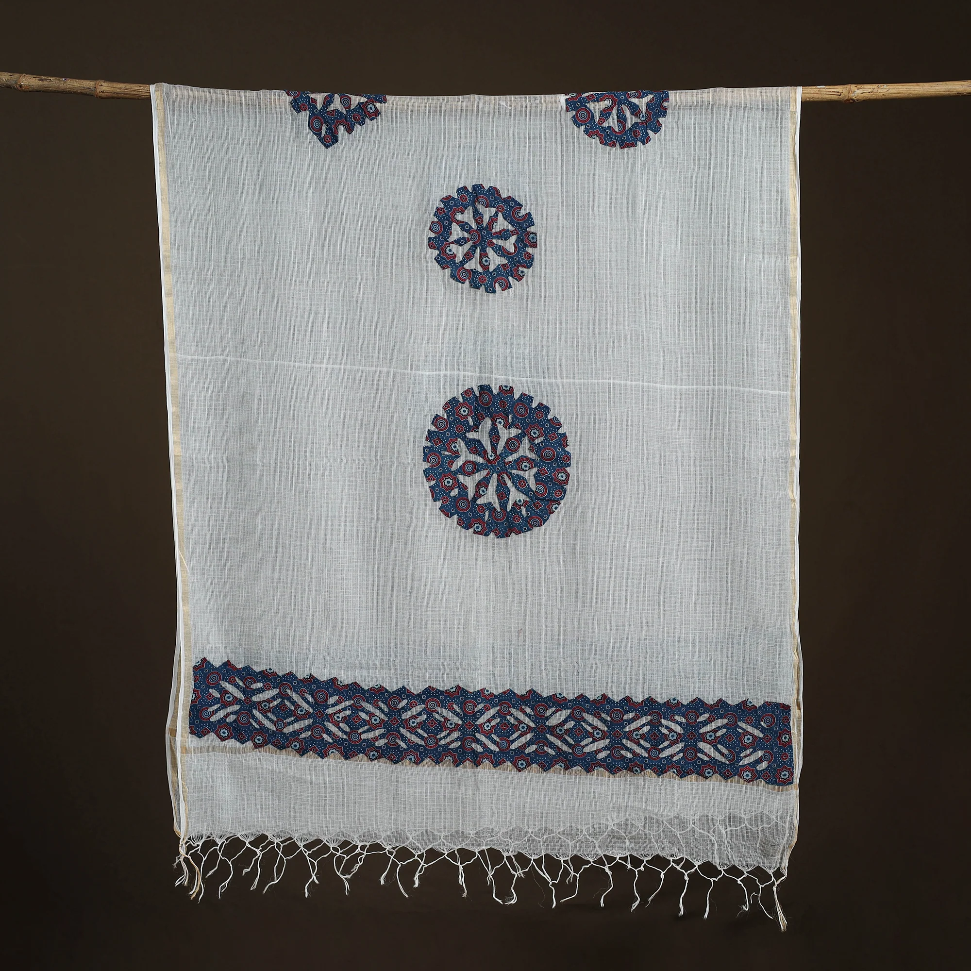 White - Kota Doria Cotton Barmer Applique Work Dupatta with Zari Border 23 - Image 5