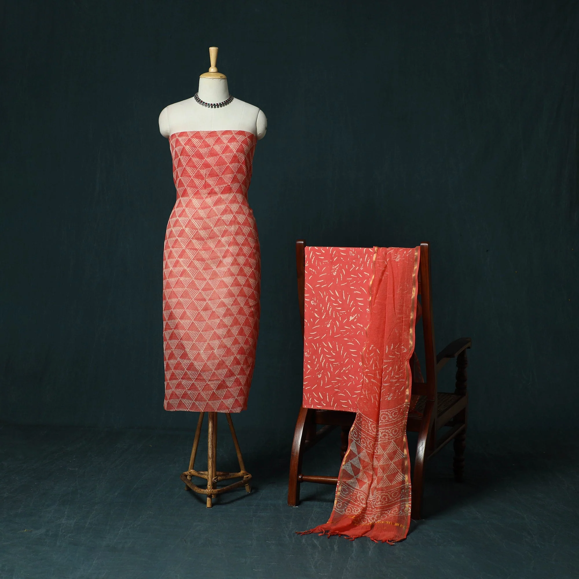 Pink - Kota Doria Cotton Hand Block Jaipur Print 3pc Unstitched Dress Material 23