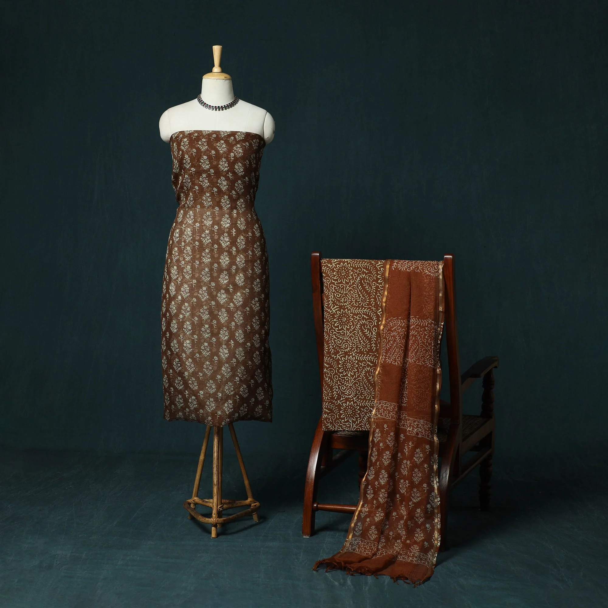 Brown - Kota Doria Cotton Hand Block Jaipur Print 3pc Unstitched Dress Material 28