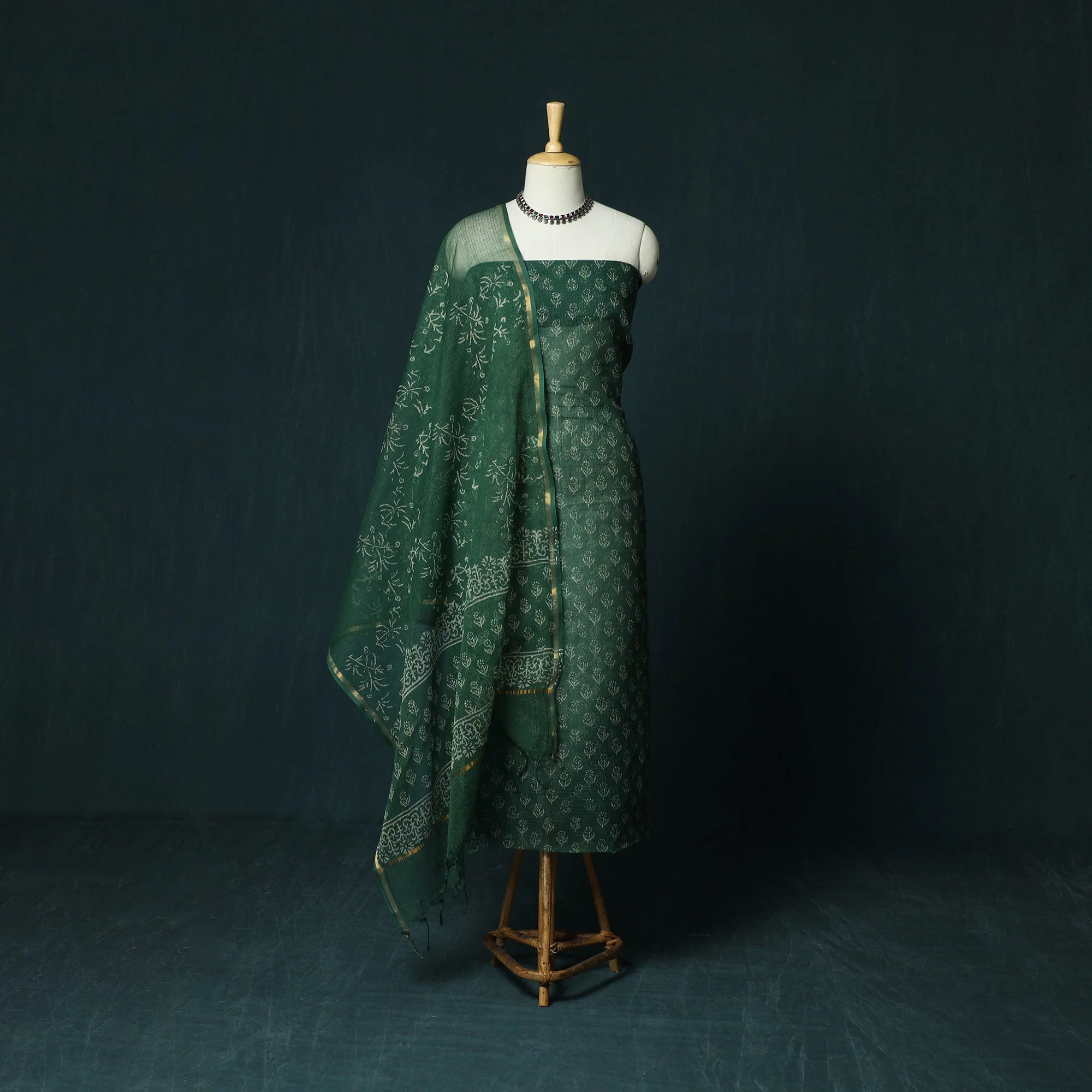 Green - Kota Doria Cotton Hand Block Jaipur Print 3pc Unstitched Dress Material 29 - Image 2