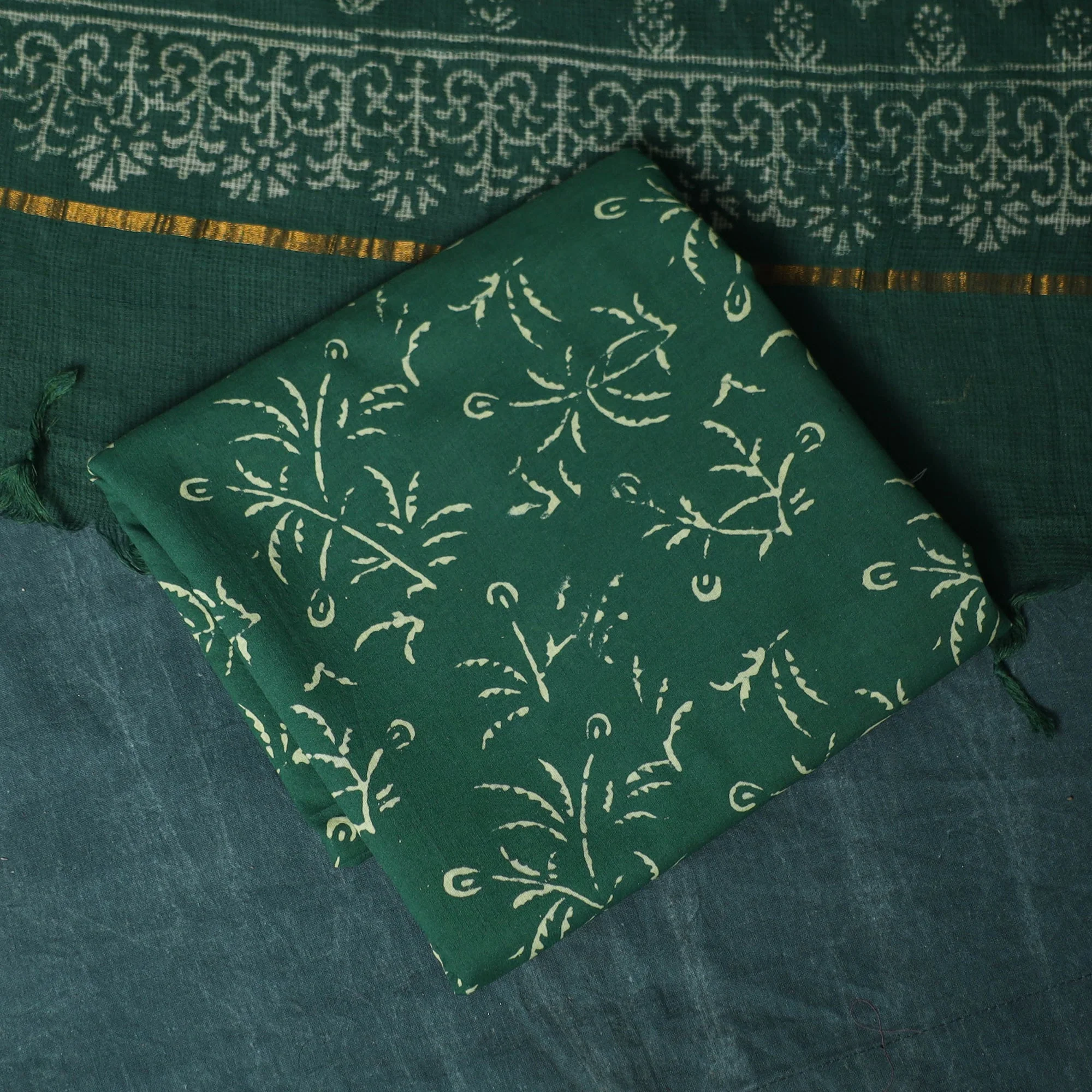 Green - Kota Doria Cotton Hand Block Jaipur Print 3pc Unstitched Dress Material 29 - Image 5