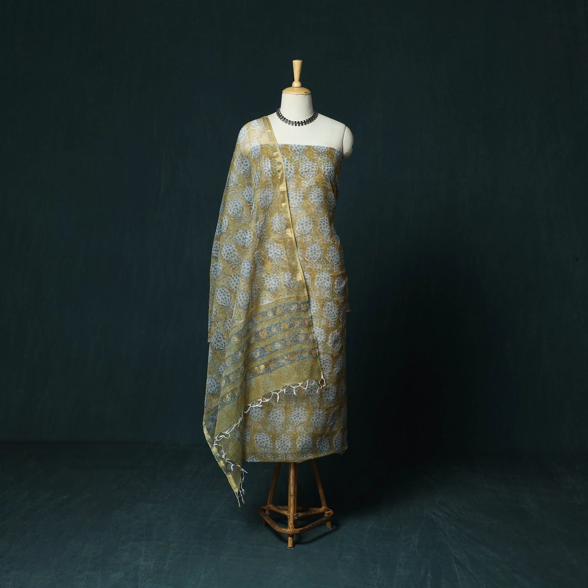 Green - Kota Doria Cotton Hand Block Sanganeri Print 3pc Unstitched Dress Material 36 - Image 2