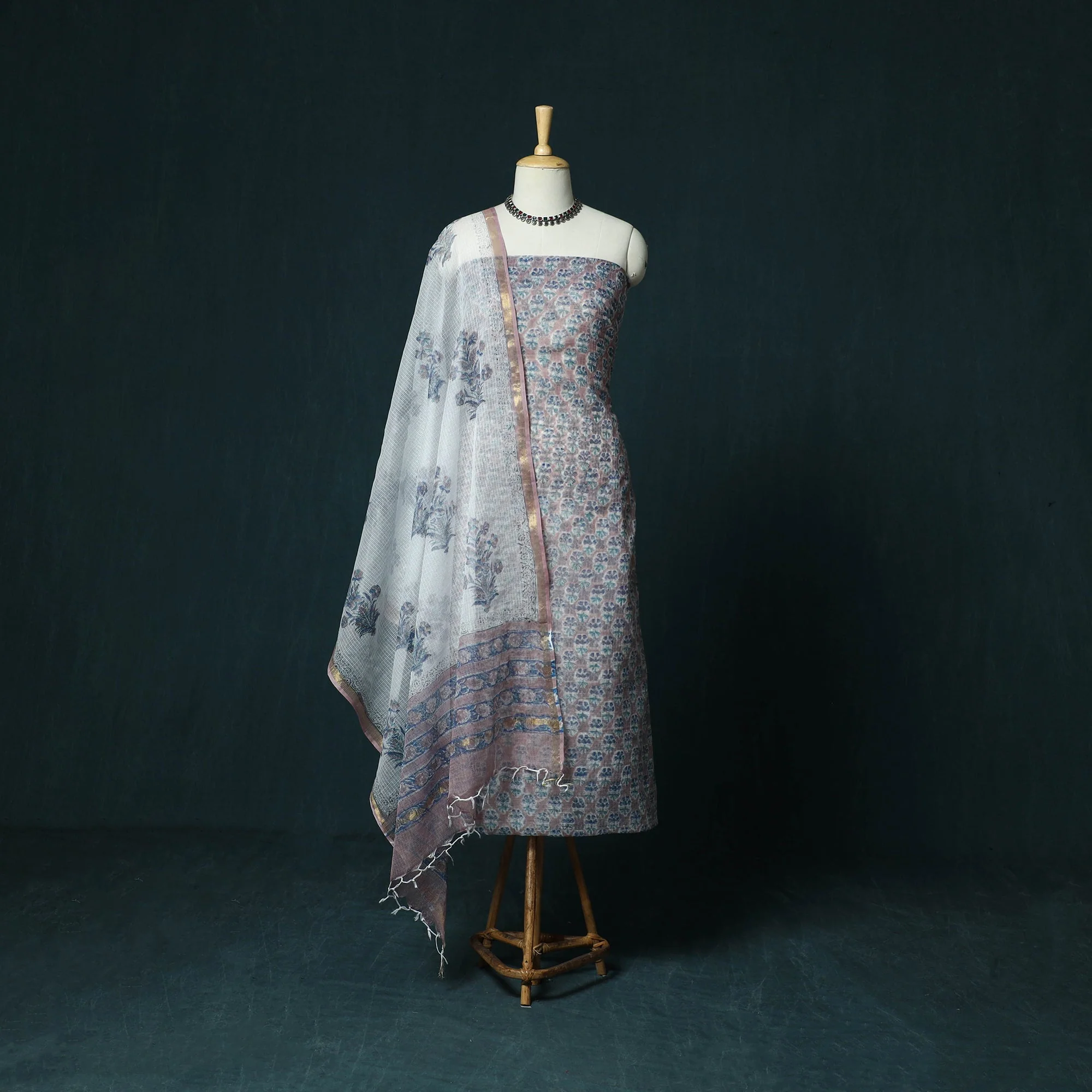 Brown - Kota Doria Cotton Hand Block Sanganeri Print 3pc Unstitched Dress Material 57 - Image 2