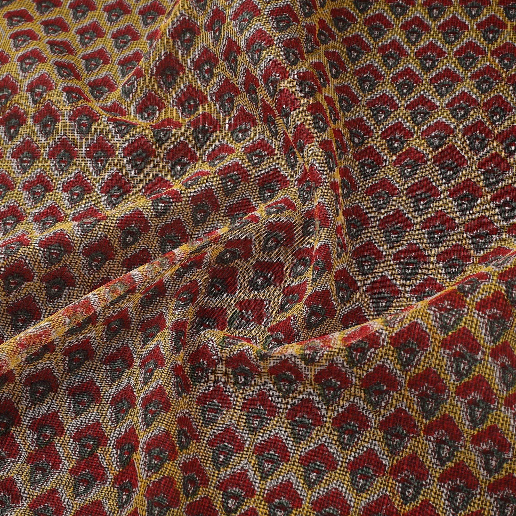 Yellow - Kota Doria Cotton Hand Block Sanganeri Print Fabric 03 - Image 3