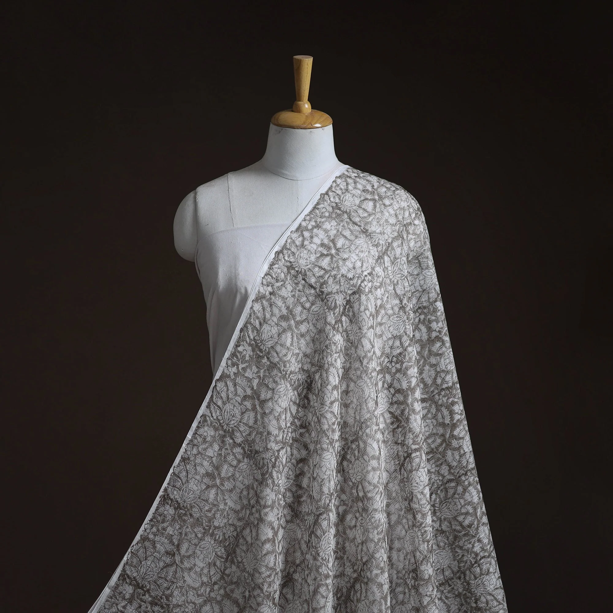 Grey - Kota Doria Cotton Hand Block Sanganeri Print Fabric 04