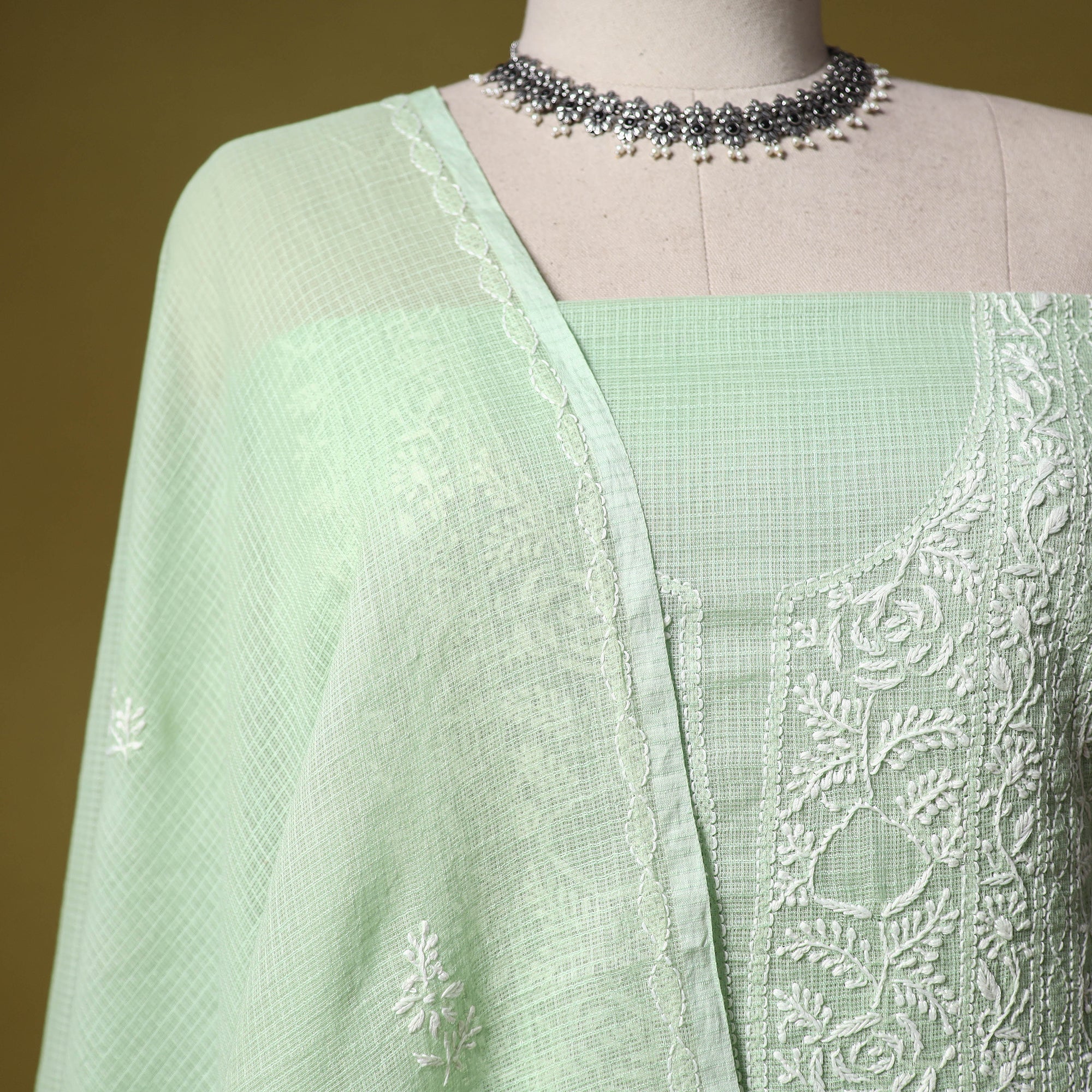 Green - Kota Doria Cotton Lucknow Chikankari 2pc Unstitched Dress Material 03 - Image 3