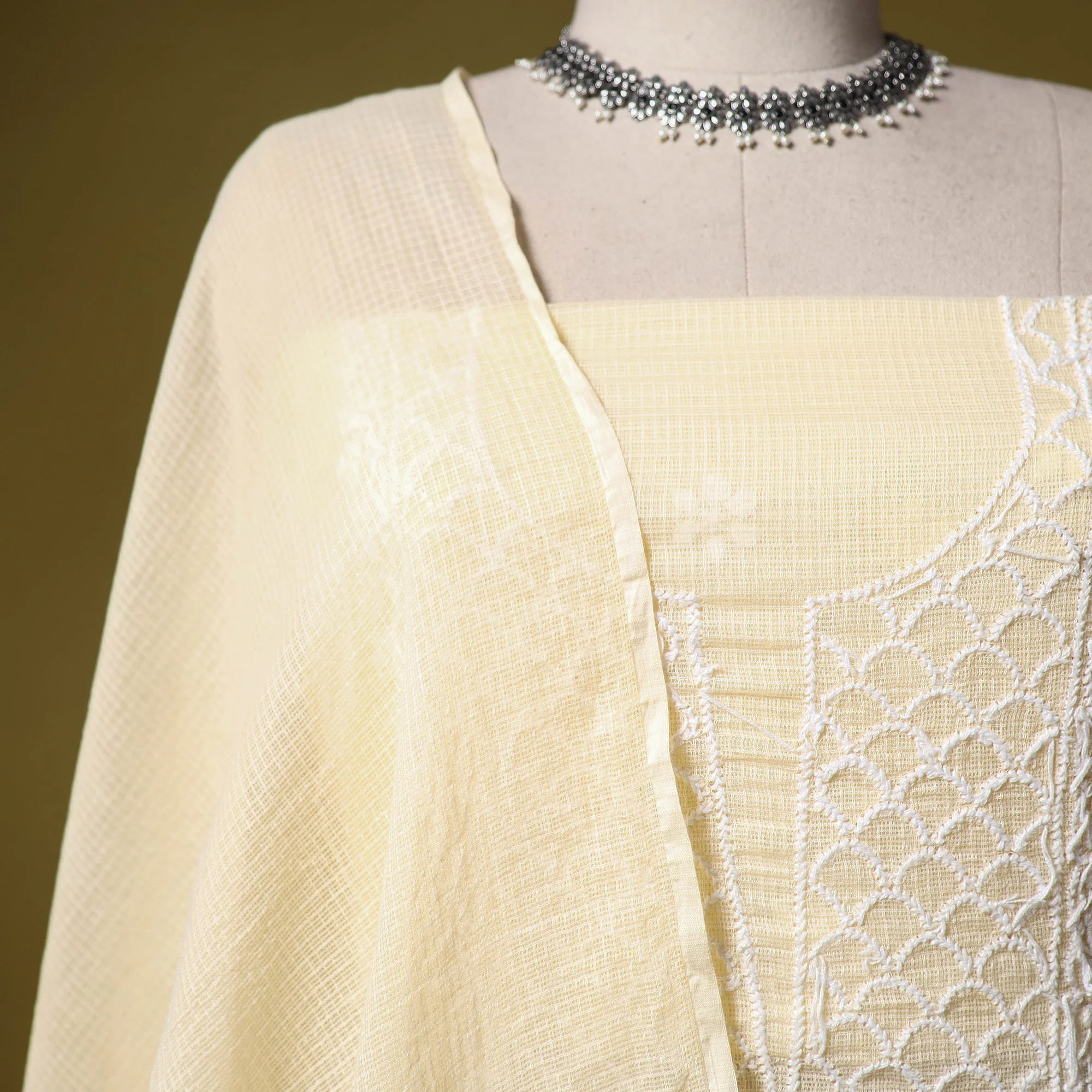 Beige - Kota Doria Cotton Lucknow Chikankari 2pc Unstitched Dress Material 07 - Image 4
