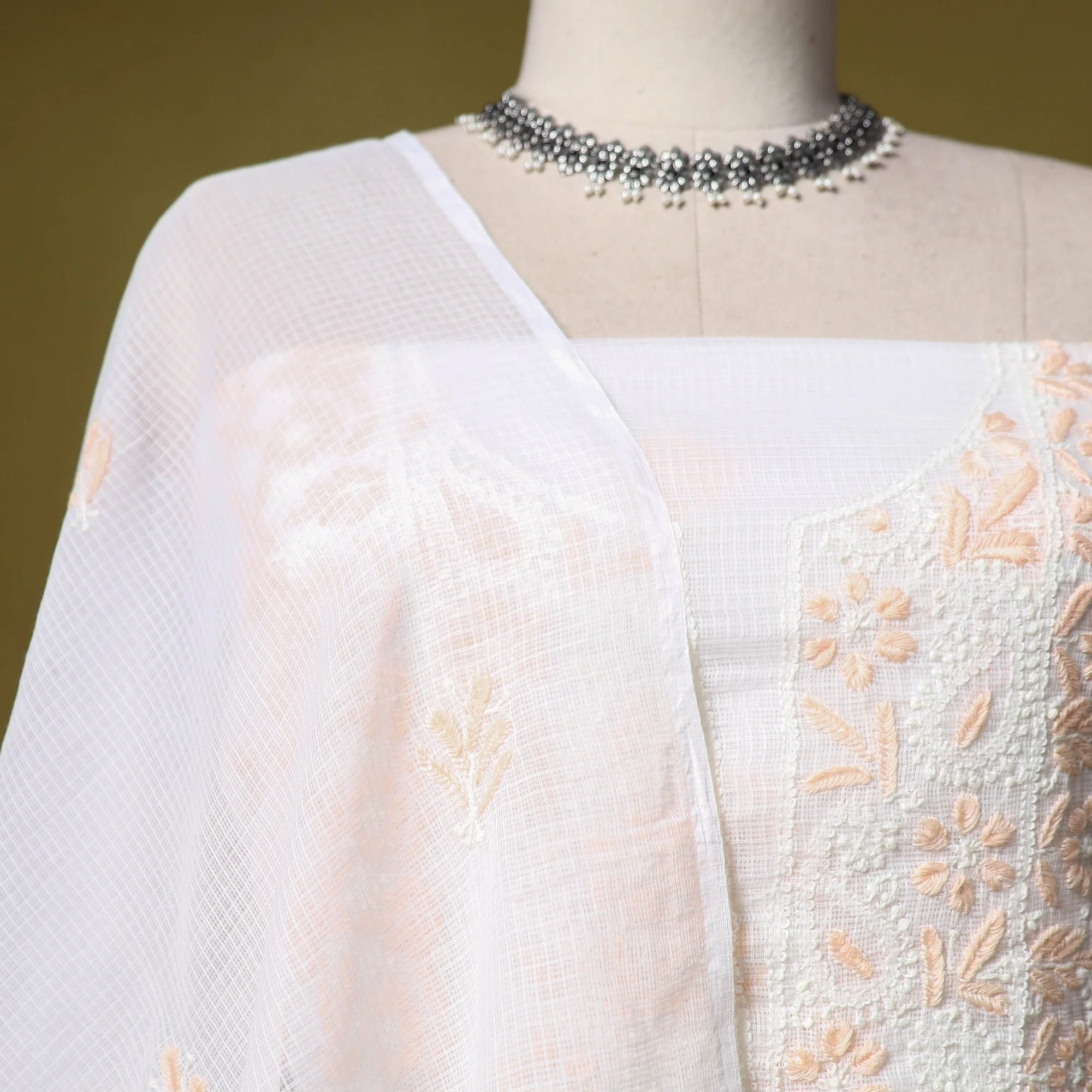 White - Kota Doria Cotton Lucknow Chikankari 2pc Unstitched Dress Material 41 - Image 4