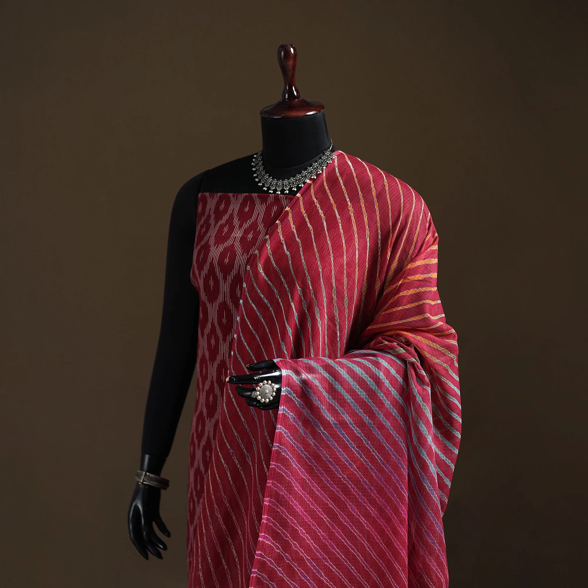 Red - Kota Doria Cotton Tie-Dye Leheriya Dupatta with Tassels 08 - Image 2