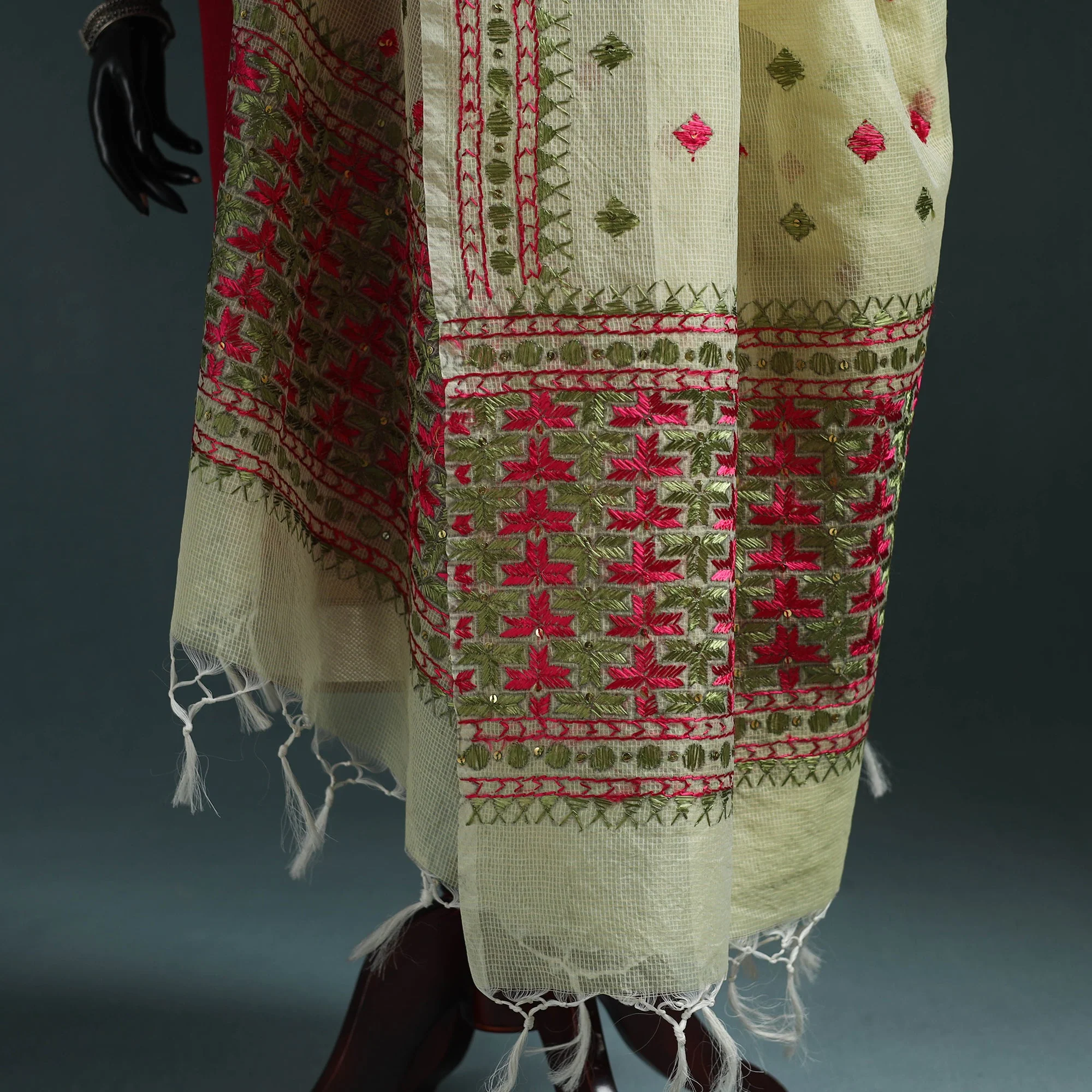 Yellow - Kota Doria Silk Hand Embroidered Chapa Work Phulkari Dupatta with Tassels 03 - Image 4