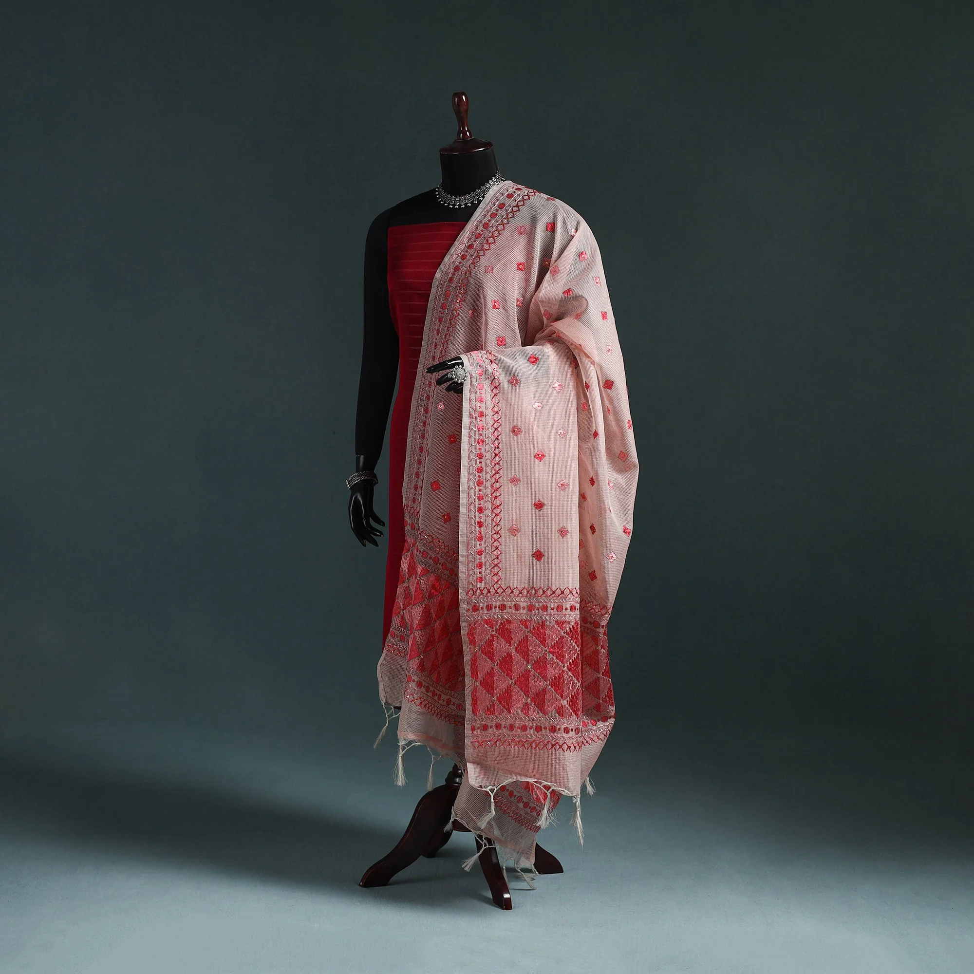 Pink - Kota Doria Silk Hand Embroidered Chapa Work Phulkari Dupatta with Tassels 07