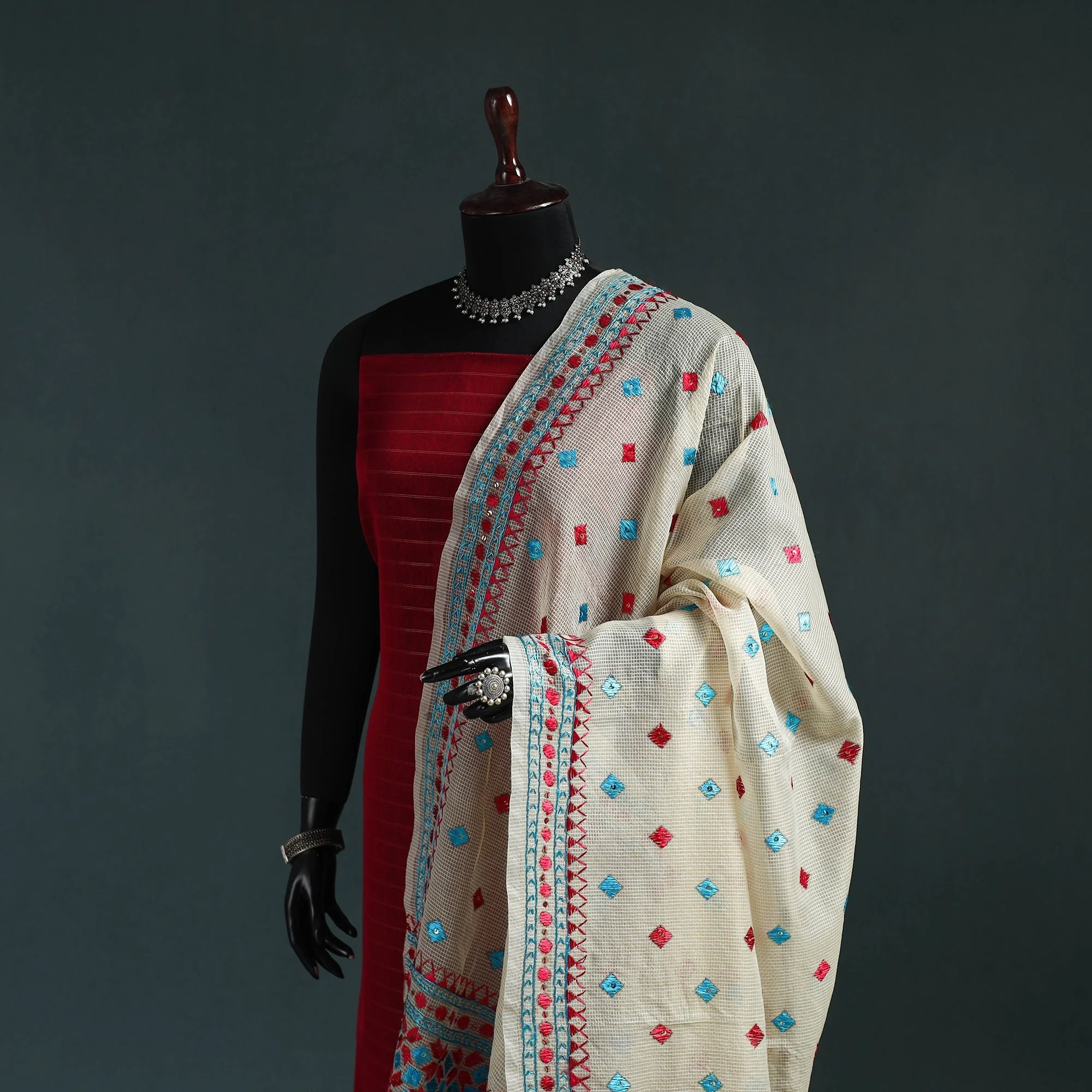 Beige - Kota Doria Silk Hand Embroidered Chapa Work Phulkari Dupatta with Tassels 29 - Image 2