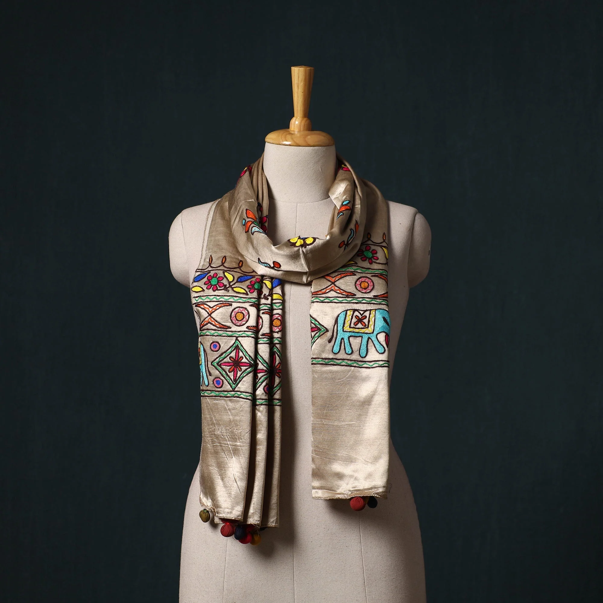 Brown - Kutch Aari Hand Embroidery Mashru Silk Stole 47
