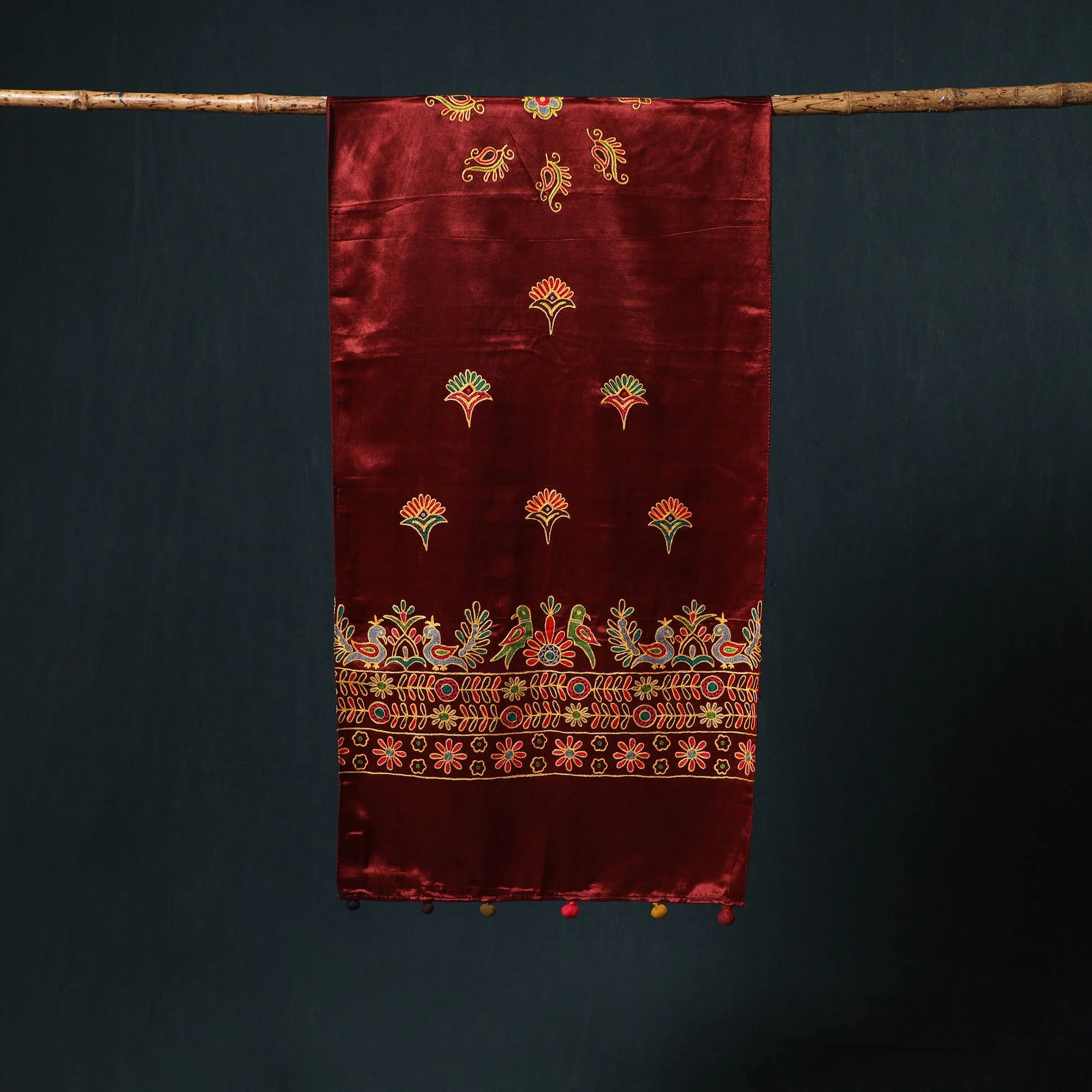 Red - Kutch Aari Hand Embroidery Mashru Silk Stole 50 - Image 3