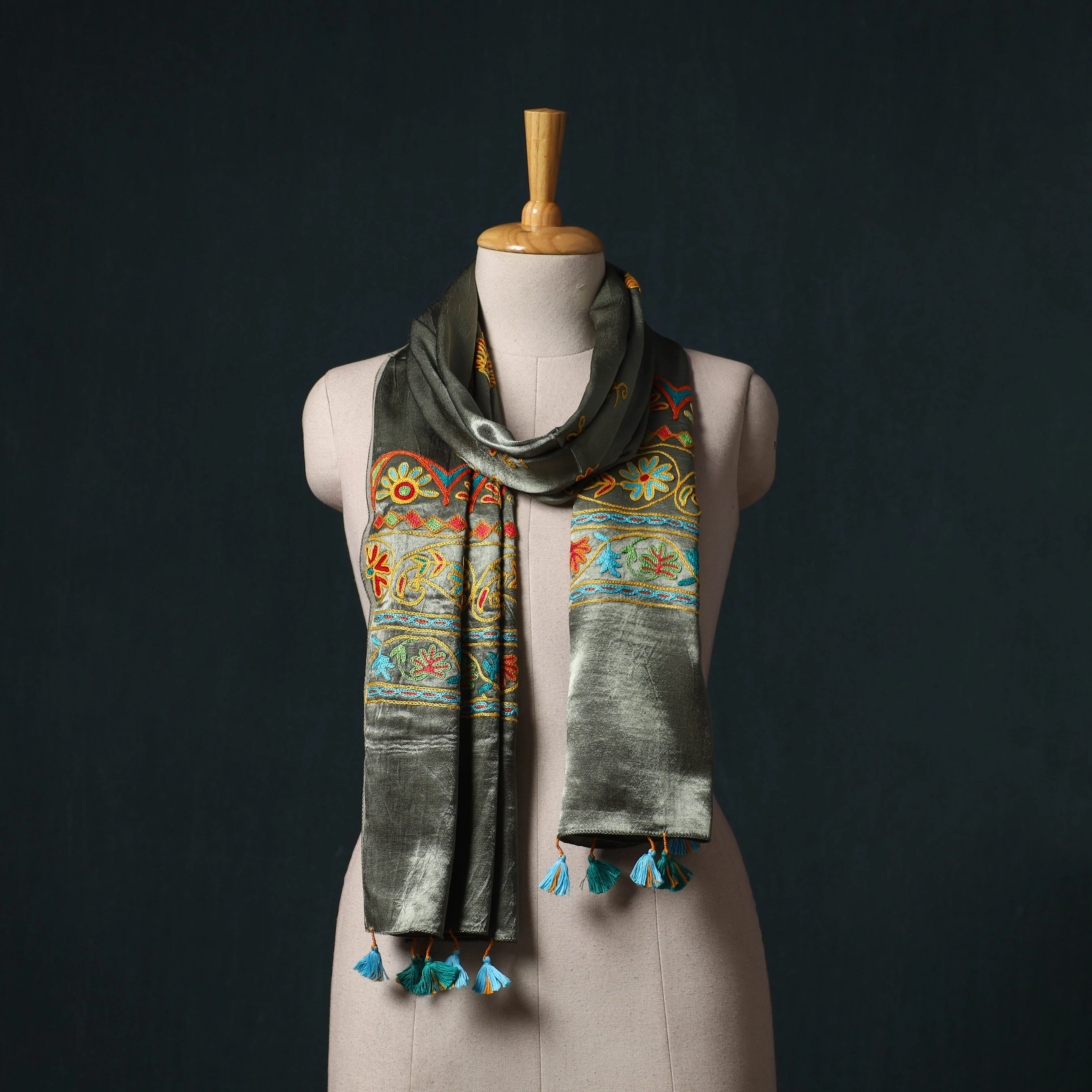 Green - Kutch Aari Hand Embroidery Mashru Silk Stole 53