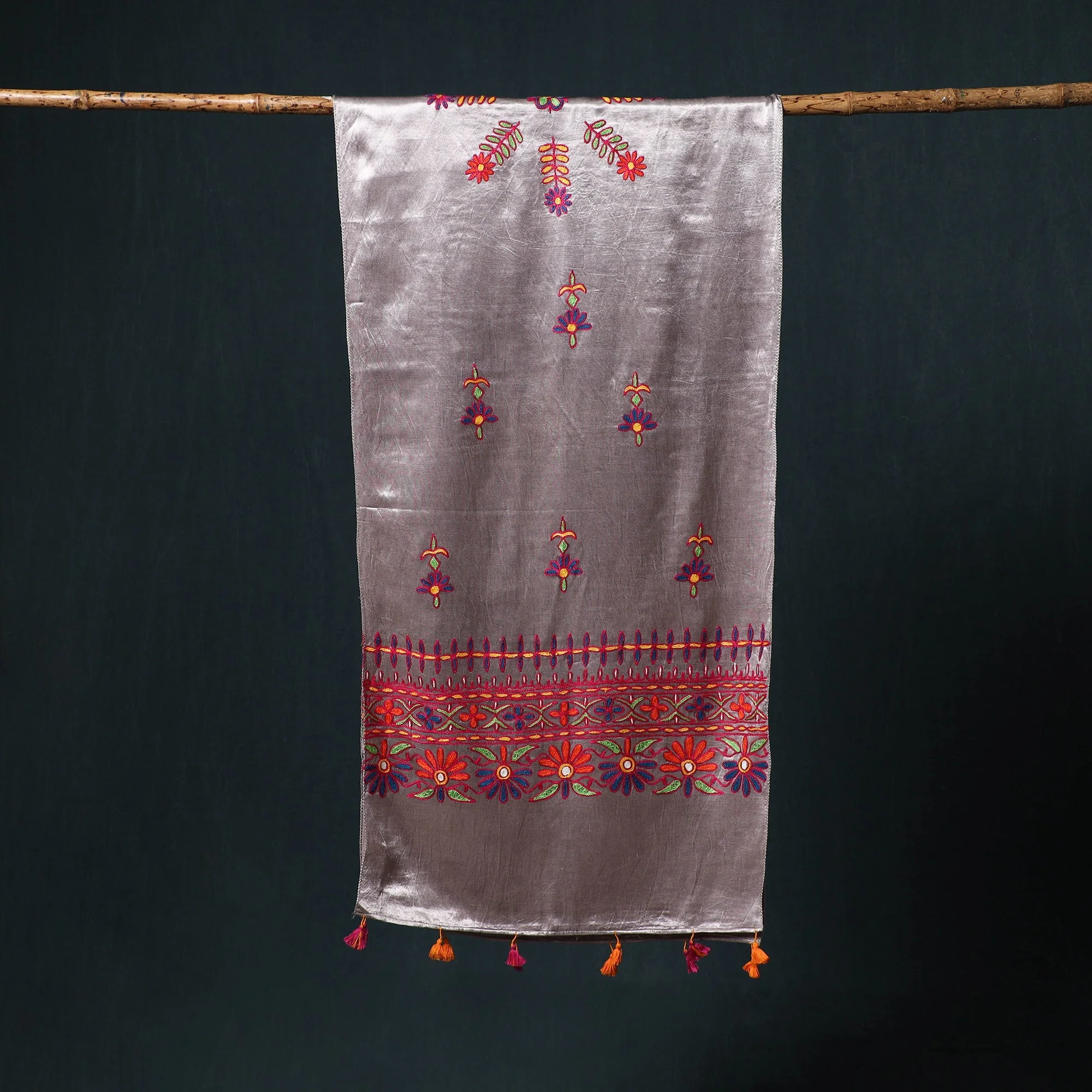 Brown - Kutch Aari Hand Embroidery Mashru Silk Stole 54 - Image 3