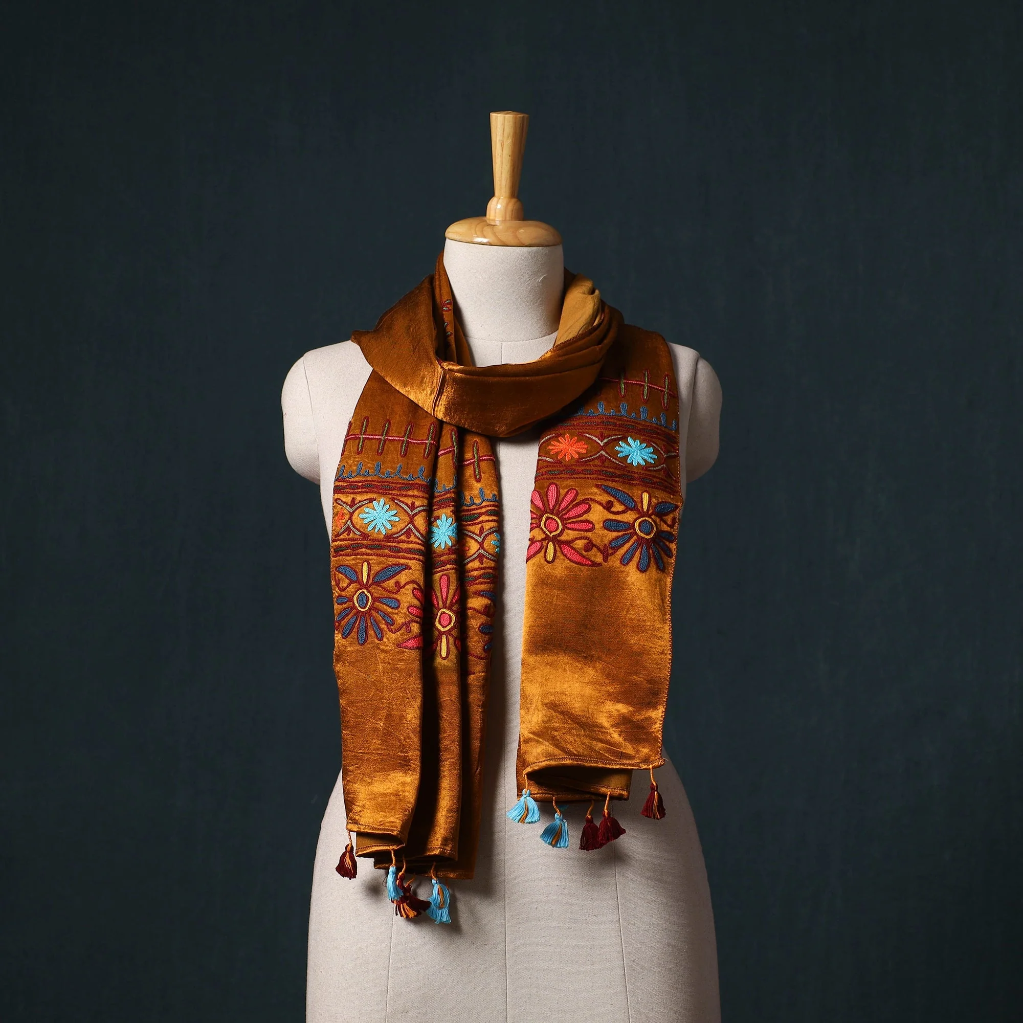 Orange - Kutch Aari Hand Embroidery Mashru Silk Stole 58