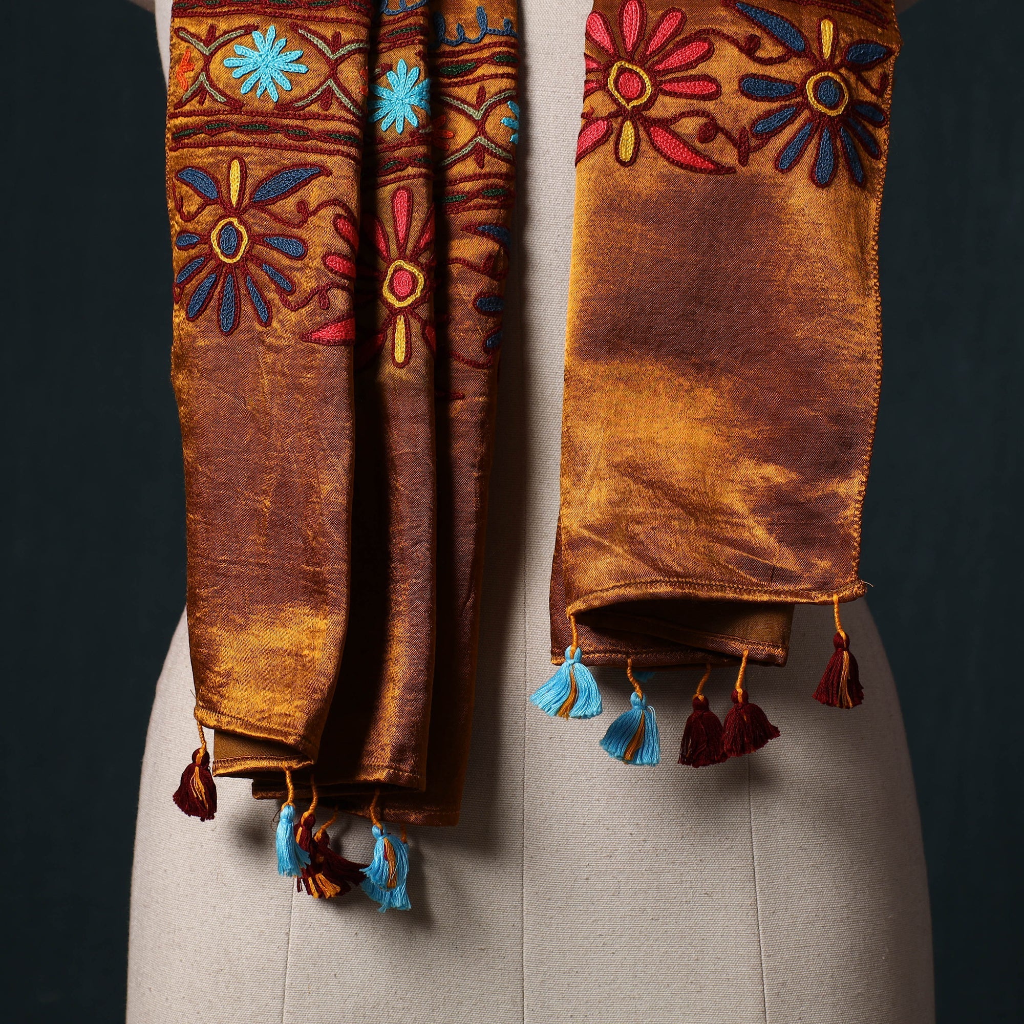 Orange - Kutch Aari Hand Embroidery Mashru Silk Stole 58 - Image 2