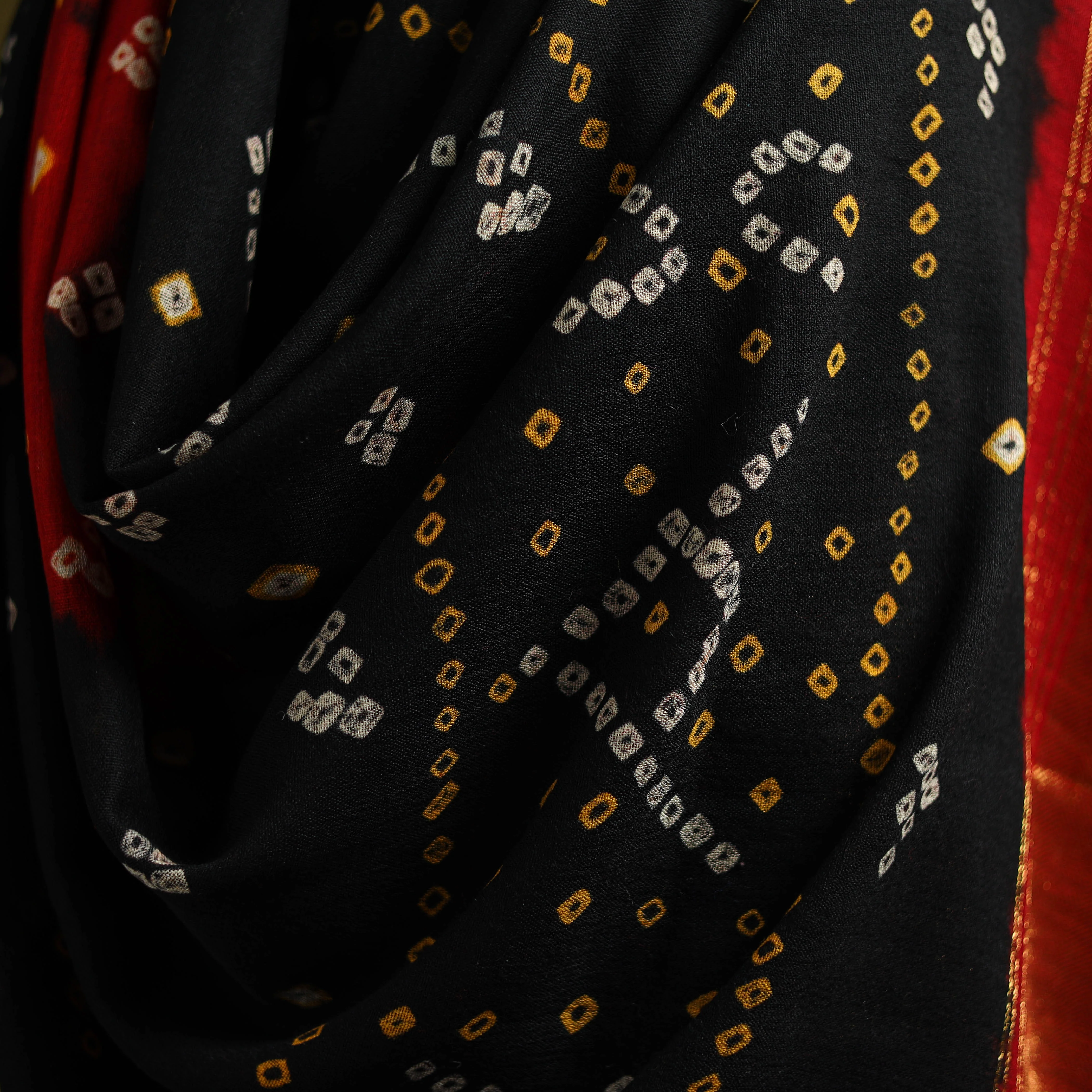 Black - Kutch Bandhani Handwoven Merino Wool Shawl with Zari Patta 08 - Image 3