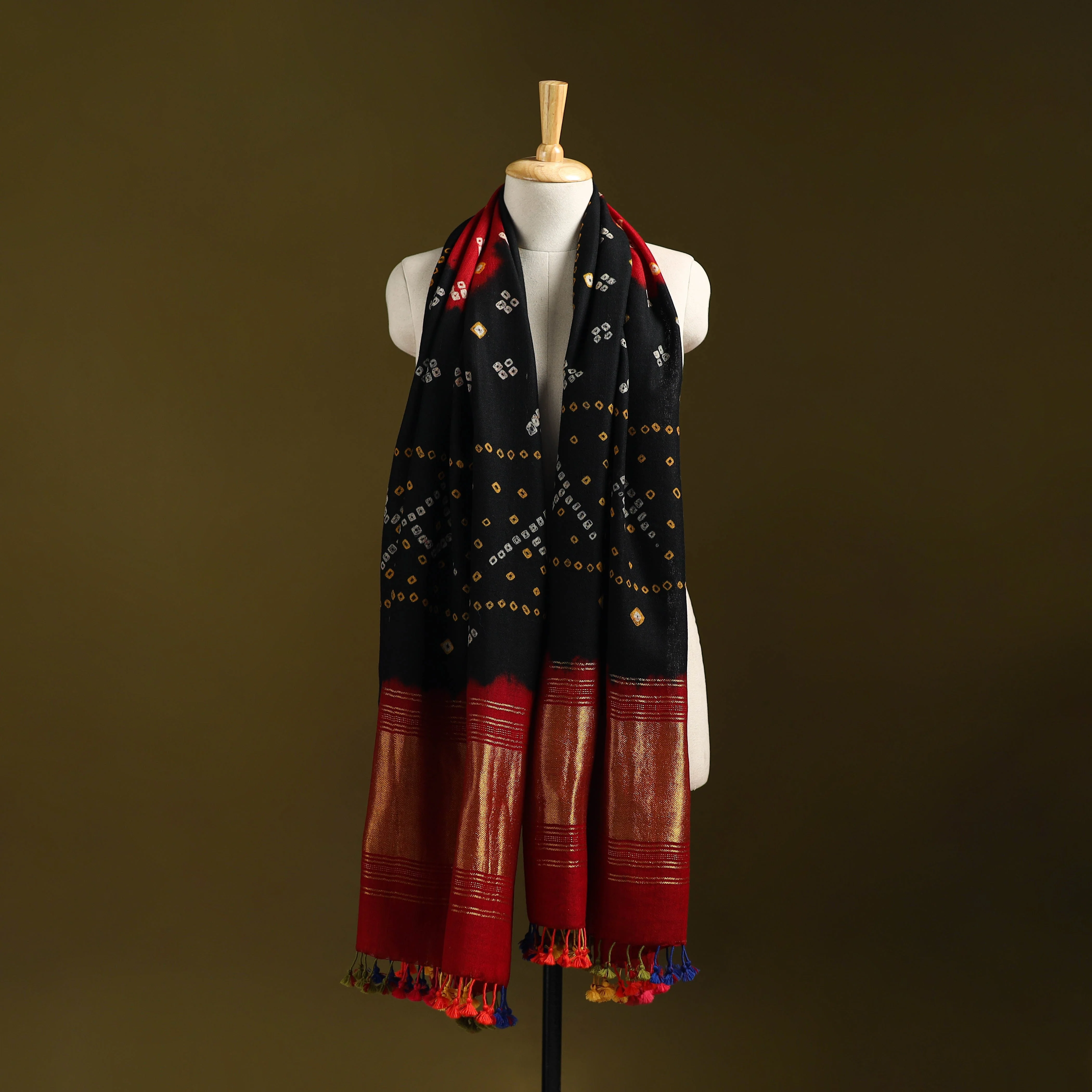 Black - Kutch Bandhani Handwoven Merino Wool Shawl with Zari Patta 08 - Image 5