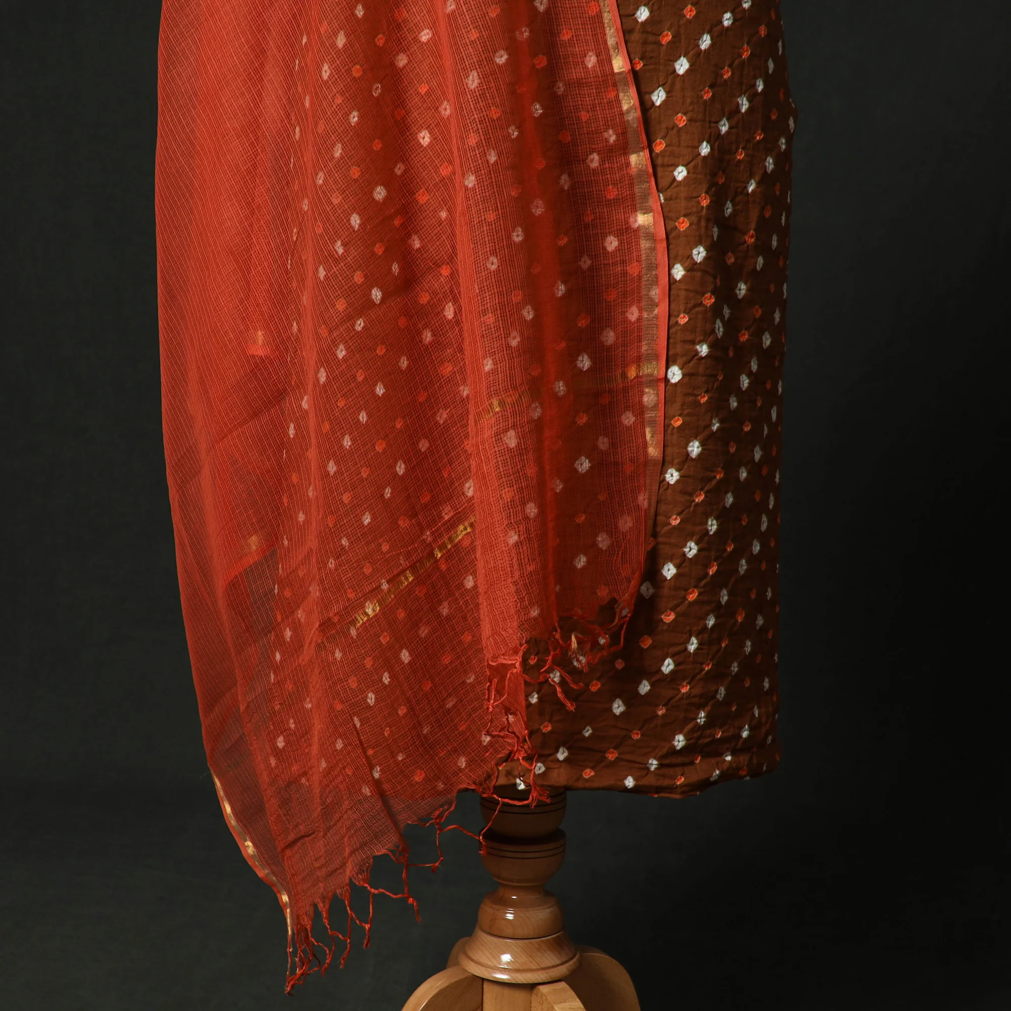 Brown - Kutch Bandhani Tie-Dye Cotton 2pc Unstitched Dress Material Kurta Set with Earrings 03 - Image 4