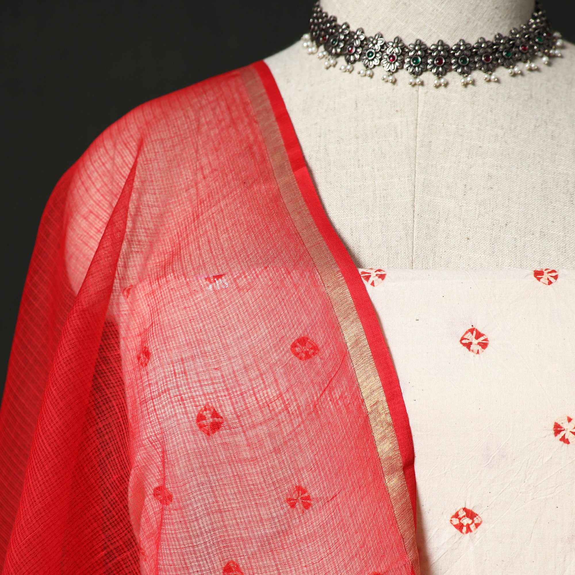 White - Kutch Bandhani Tie-Dye Cotton 2pc Unstitched Dress Material Kurta Set with Earrings 32 - Image 3