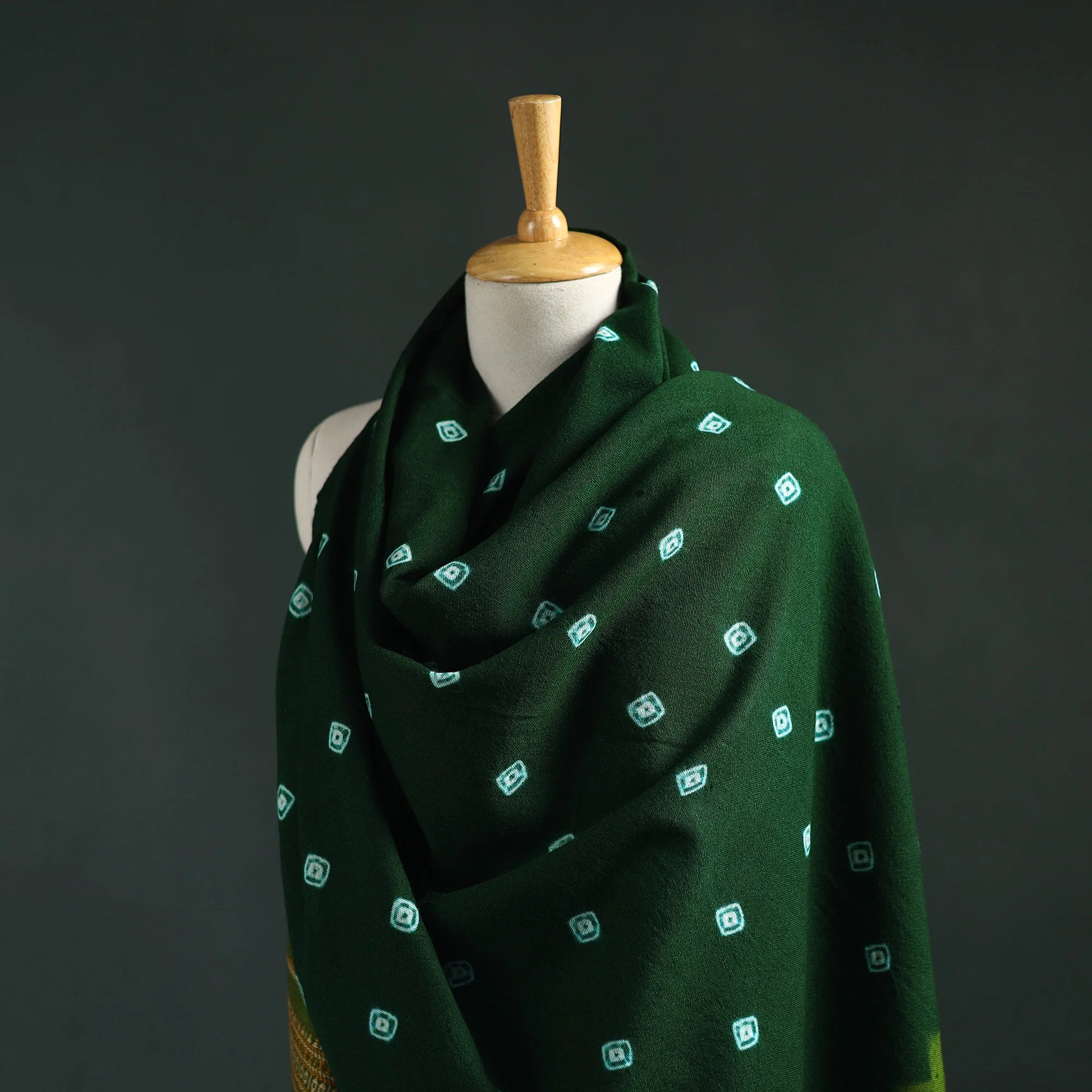 Green - Kutch Bandhani Tie-Dye Handwoven Merino Wool Shawl 09 - Image 2
